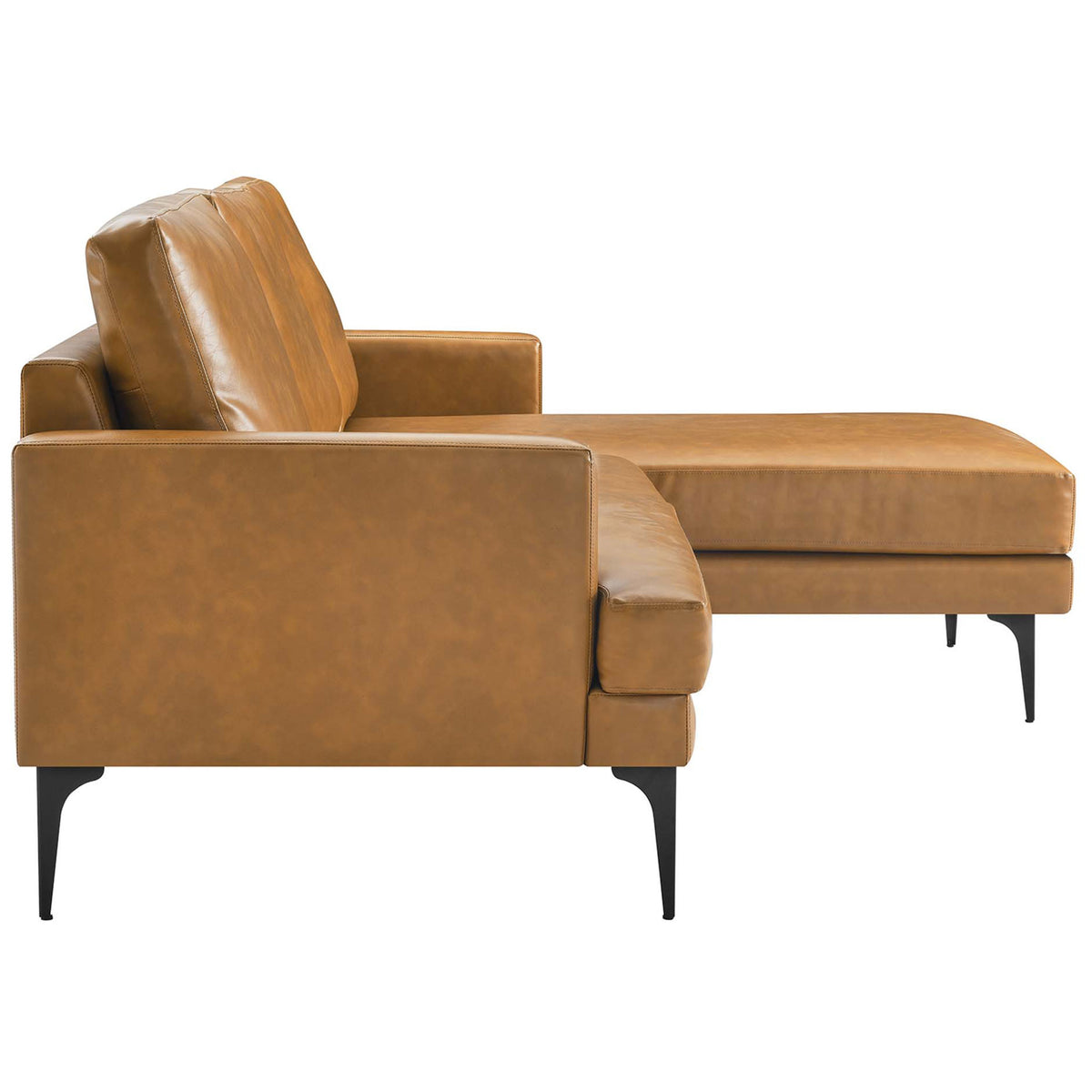 Streamlined tan vegan leather sectional sofa with slim track arms and elevated black metal legs || EEI-6050-TAN || side_studio