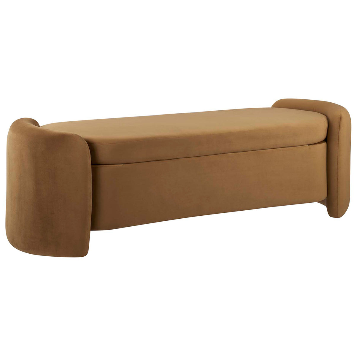 Rounded-edge performance velvet bench in rich cognac with a smooth, cushioned top. || EEI-6054-COG || front_angle_studio