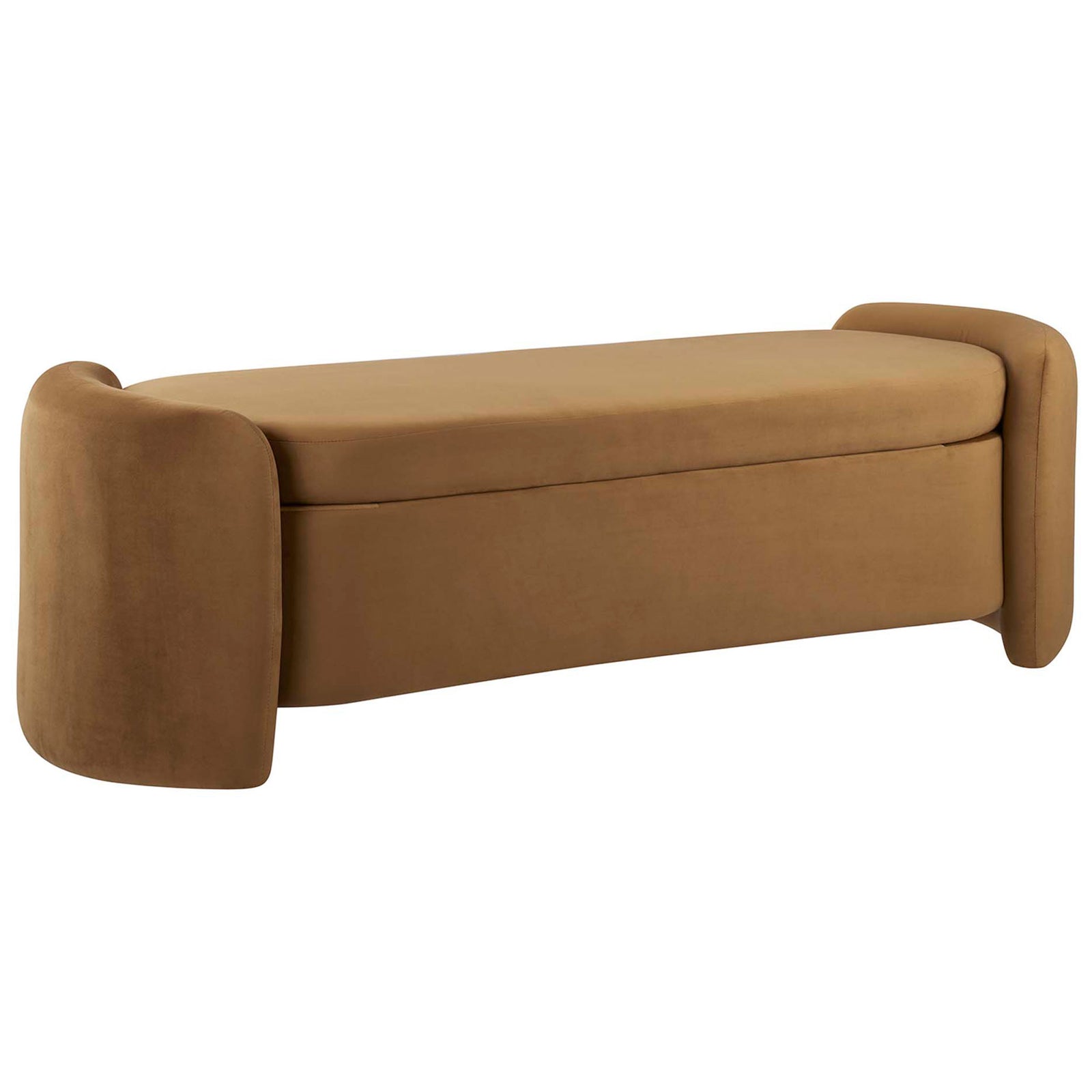 Rounded-edge performance velvet bench in rich cognac with a smooth, cushioned top. || EEI-6054-COG || front_angle_studio