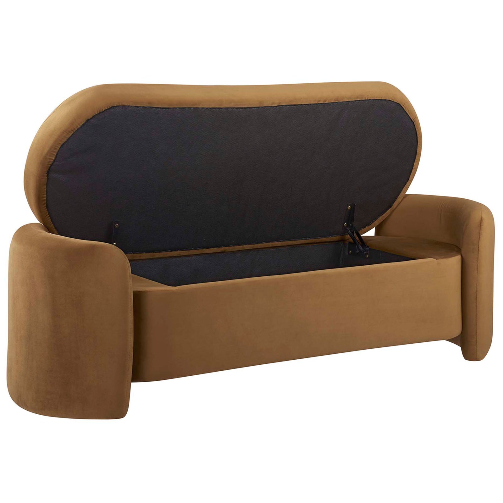 Lift-top bench reveals spacious lined storage to tuck away pillows, throws, and more. || EEI-6054-COG || front_angle_open_studio