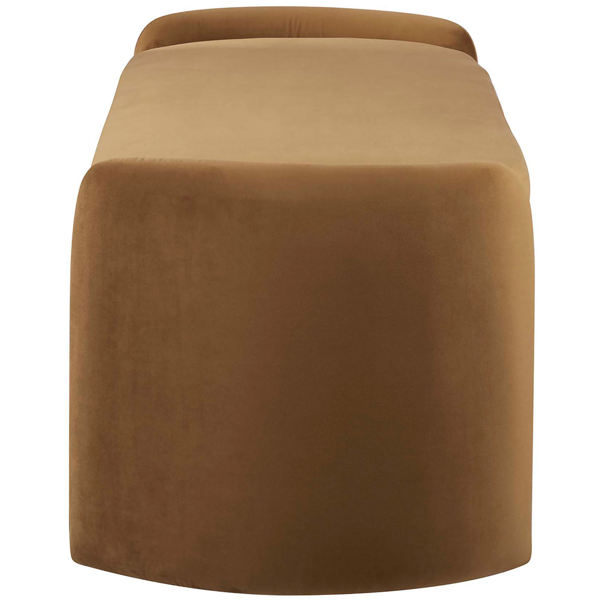 Sculpted end profile shows the bench's softly padded curves and tailored upholstery. || EEI-6054-COG || side_studio