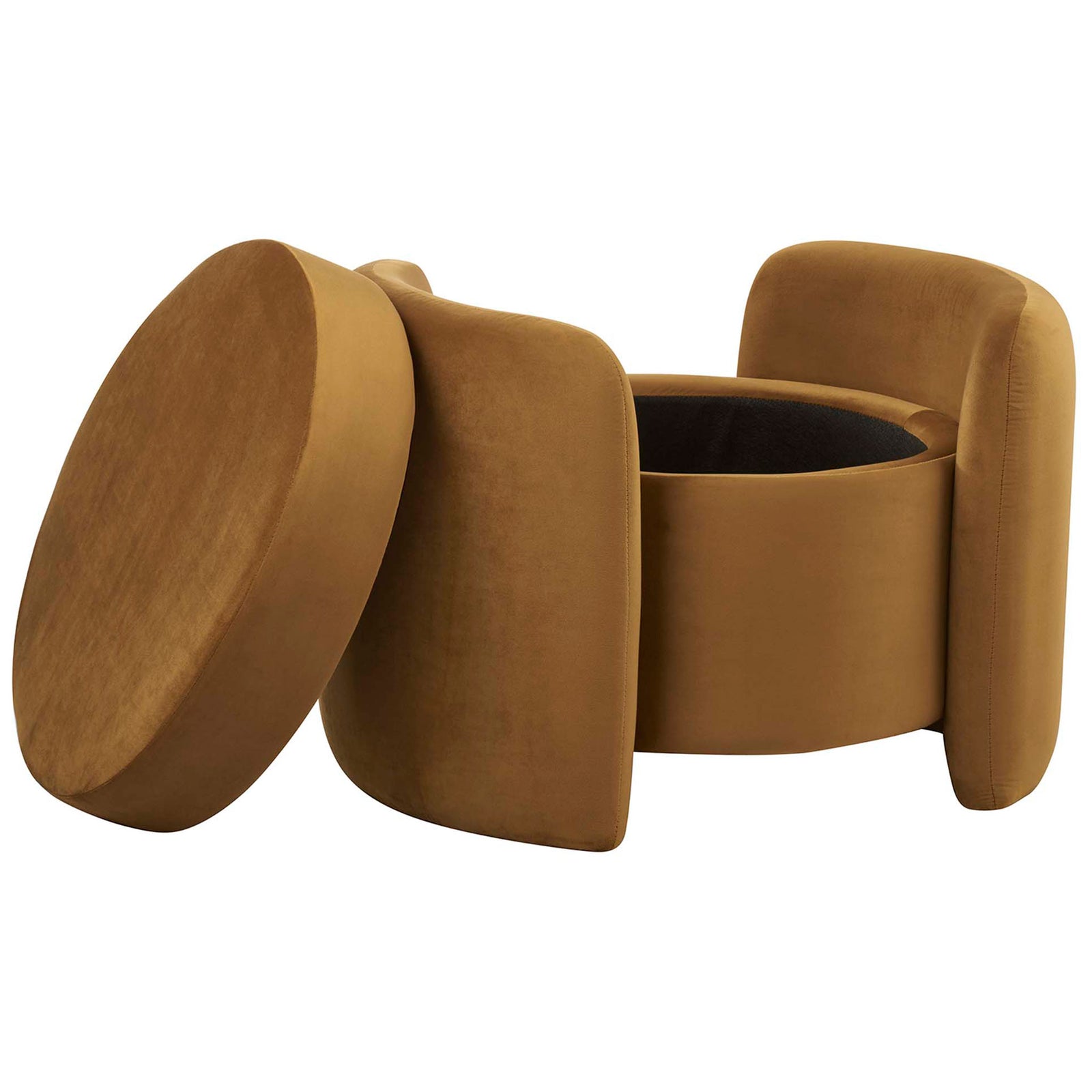 Nebula cognac velvet ottoman with removable padded lid lifted to show a generous round storage compartment || EEI-6055-COG || front_angle_open_studio