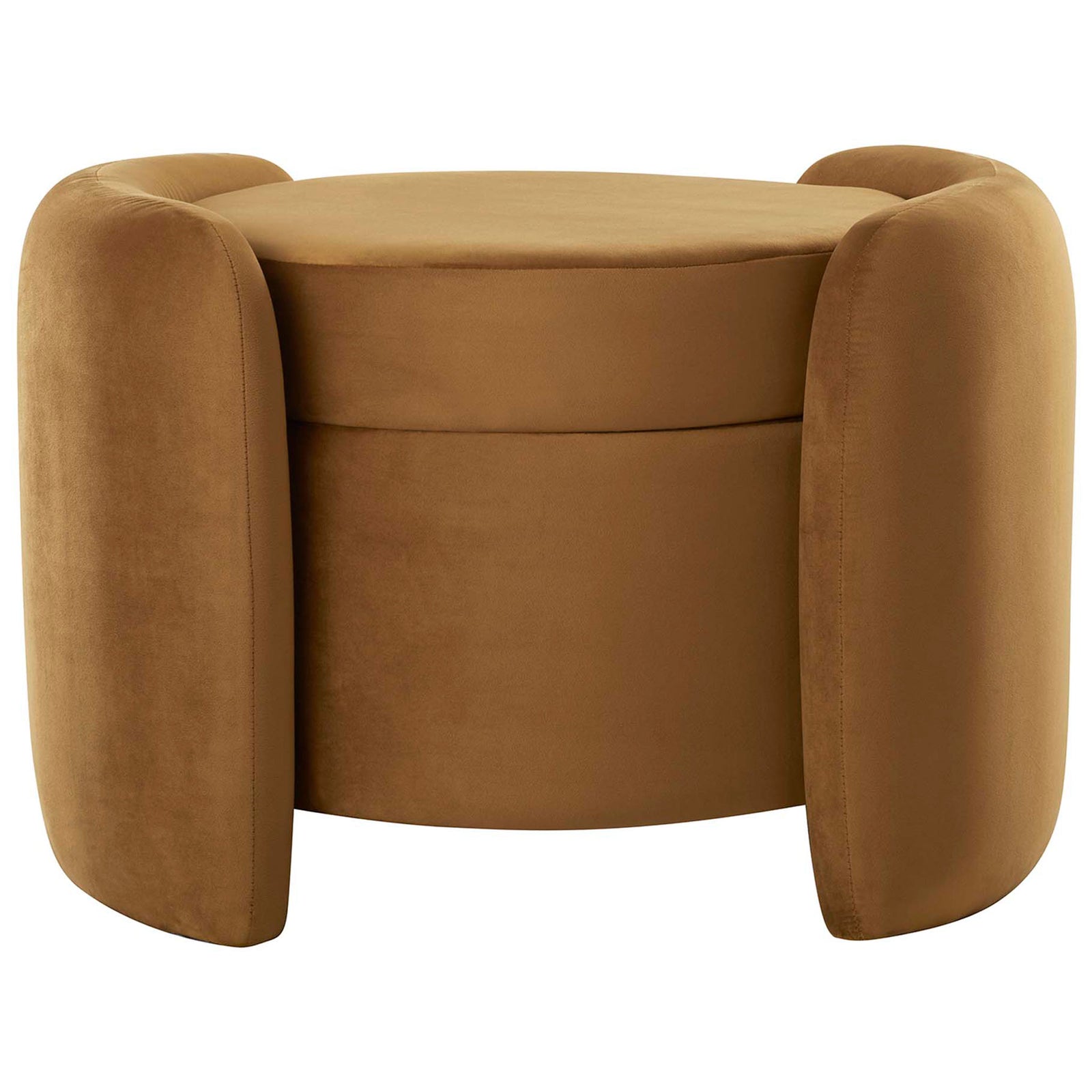 Modern round cognac velvet ottoman with three sculpted side panels and a generously cushioned seat || EEI-6055-COG || front_studio