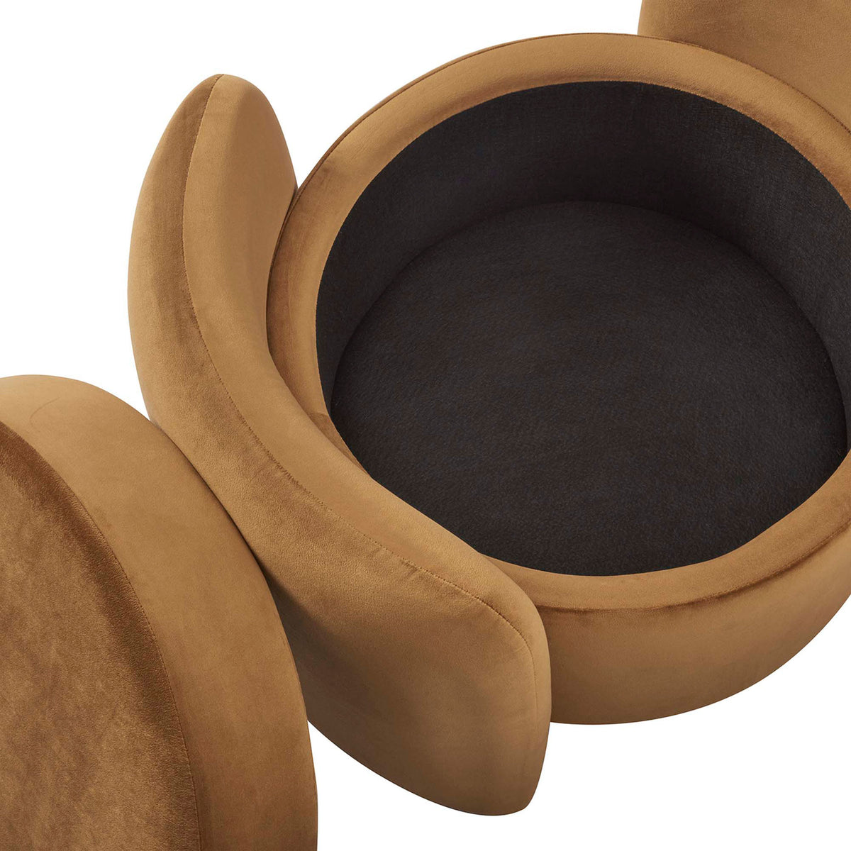Round storage interior of the cognac velvet ottoman with dark fabric lining and removable cushioned lid || EEI-6055-COG || storage_open_studio
