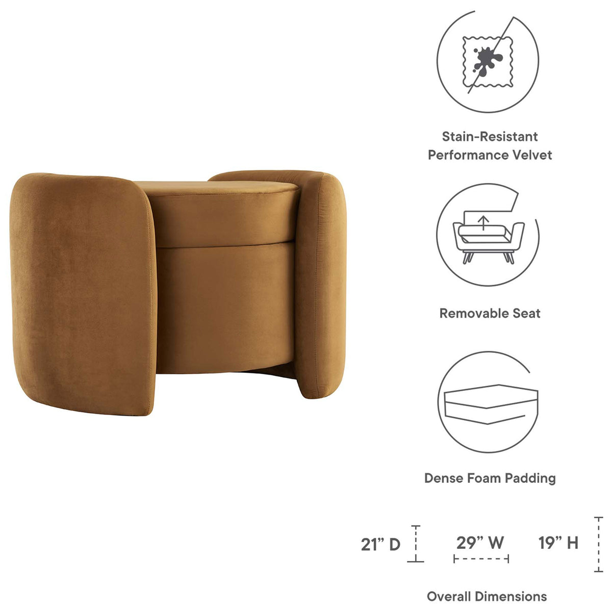 Cognac velvet storage ottoman with icons highlighting stain-resistant fabric, removable seat, foam padding, and size || EEI-6055-COG || dimension_studio