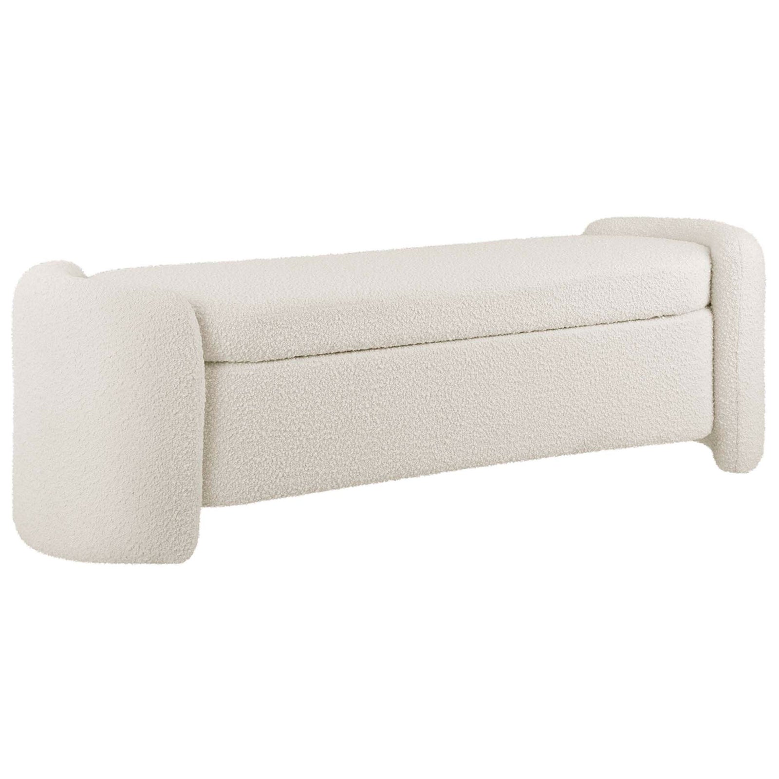 Plush ivory boucle bench with sculpted sides and a smooth, cushioned seat || EEI-6056-IVO || front_angle_studio