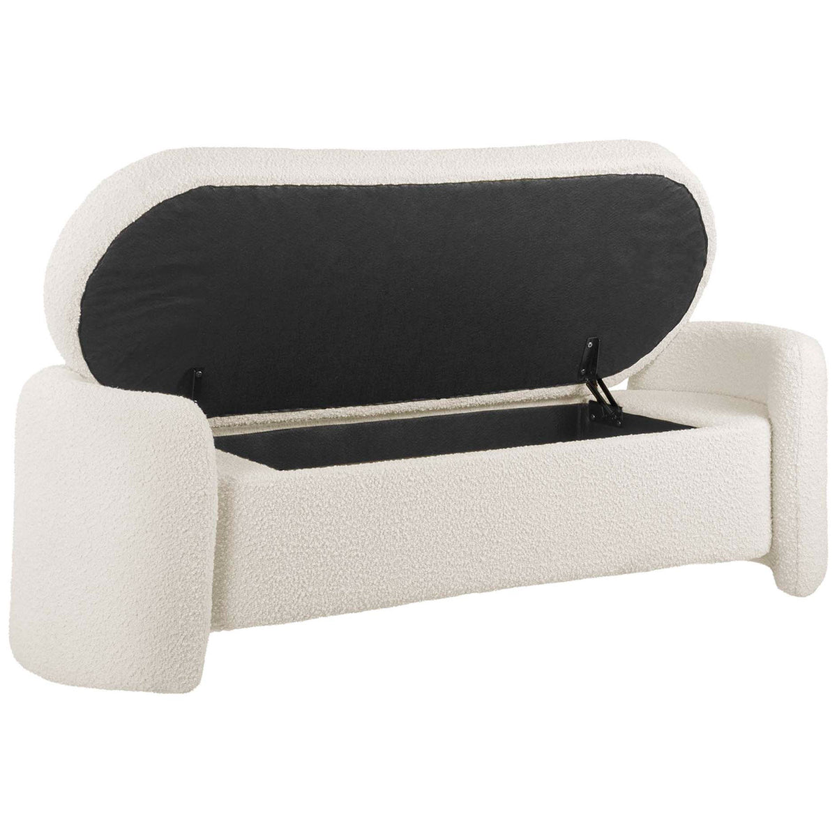 Lift-top storage bench reveals a spacious, fabric-lined compartment for throws and books || EEI-6056-IVO || front_angle_open_studio