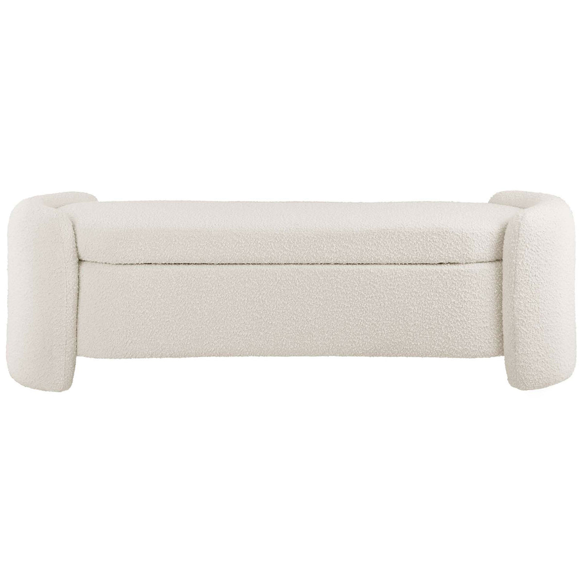 Ivory boucle bench with rounded ends and clean lines for a soft, modern statement || EEI-6056-IVO || front_studio