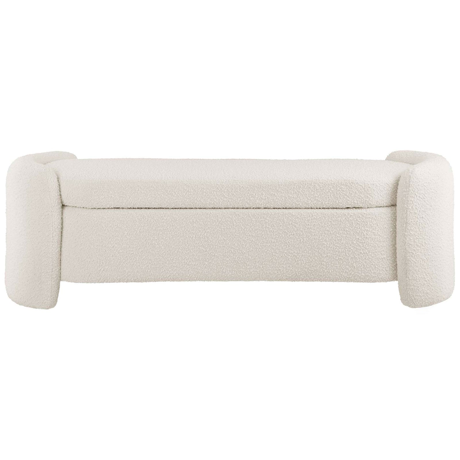 Ivory boucle bench with rounded ends and clean lines for a soft, modern statement || EEI-6056-IVO || front_studio