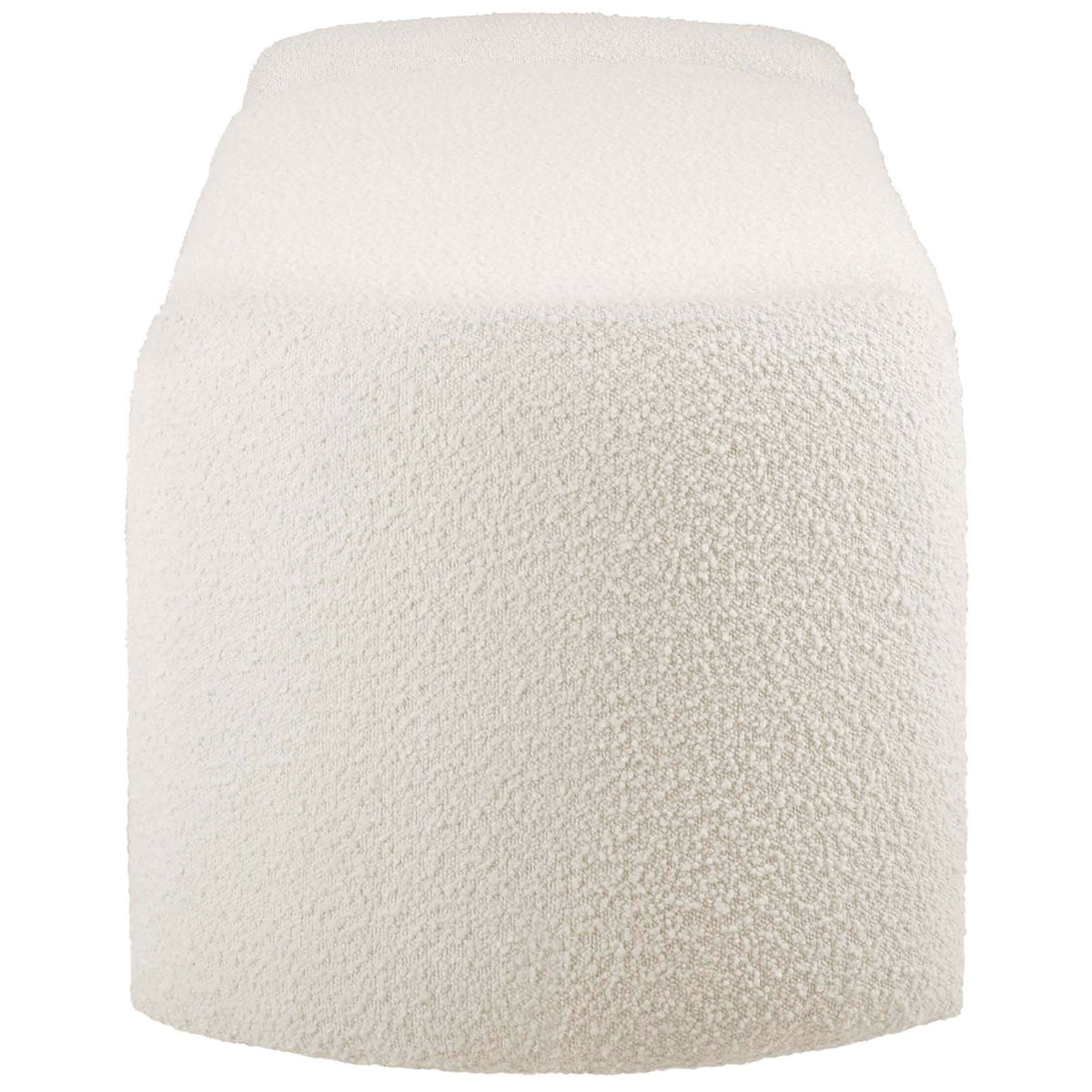 Curved end profile highlights the bench's thick boucle texture and rounded silhouette || EEI-6056-IVO || detail_studio