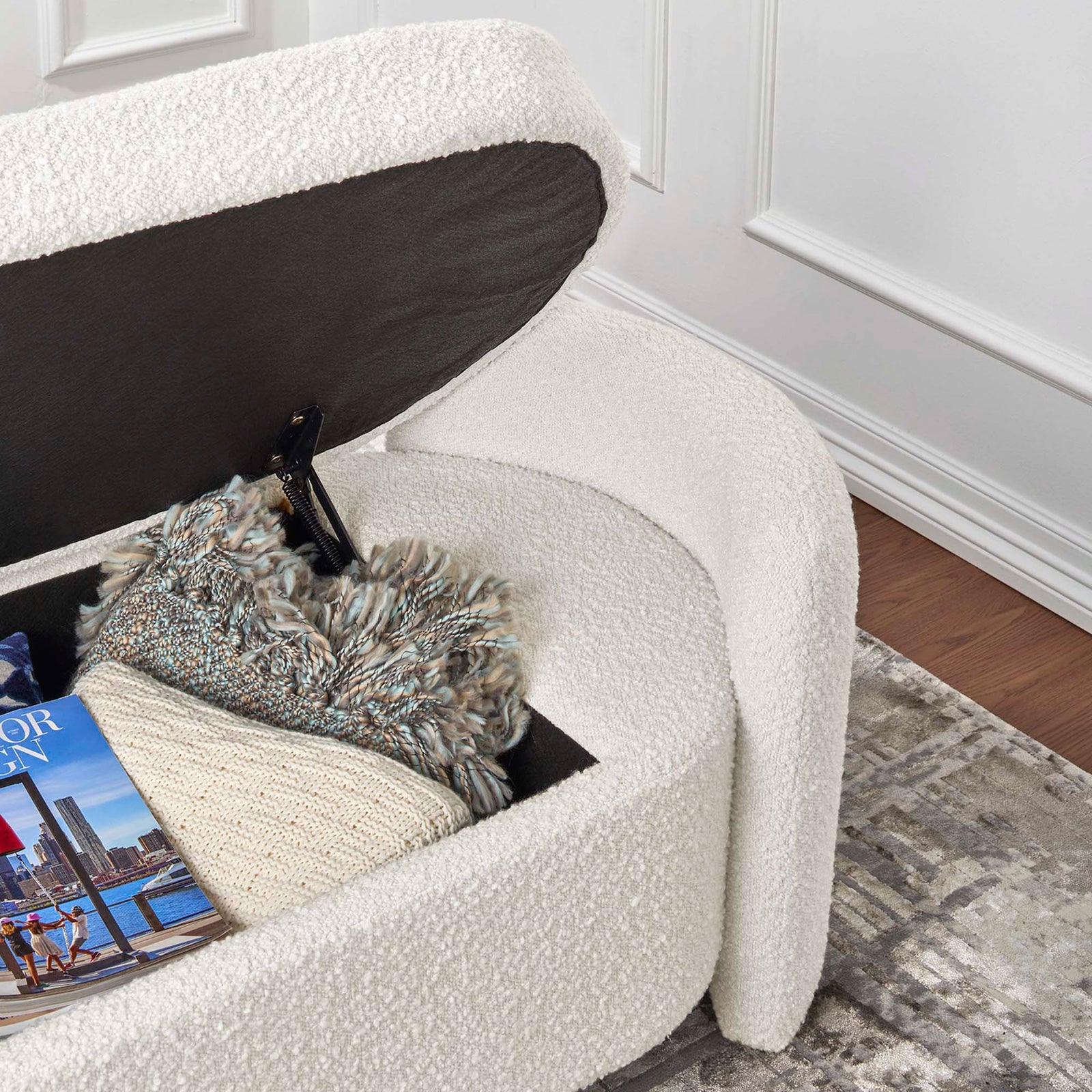 Open storage keeps blankets and magazines tucked neatly beneath the cushioned seat || EEI-6056-IVO || storage_open_room