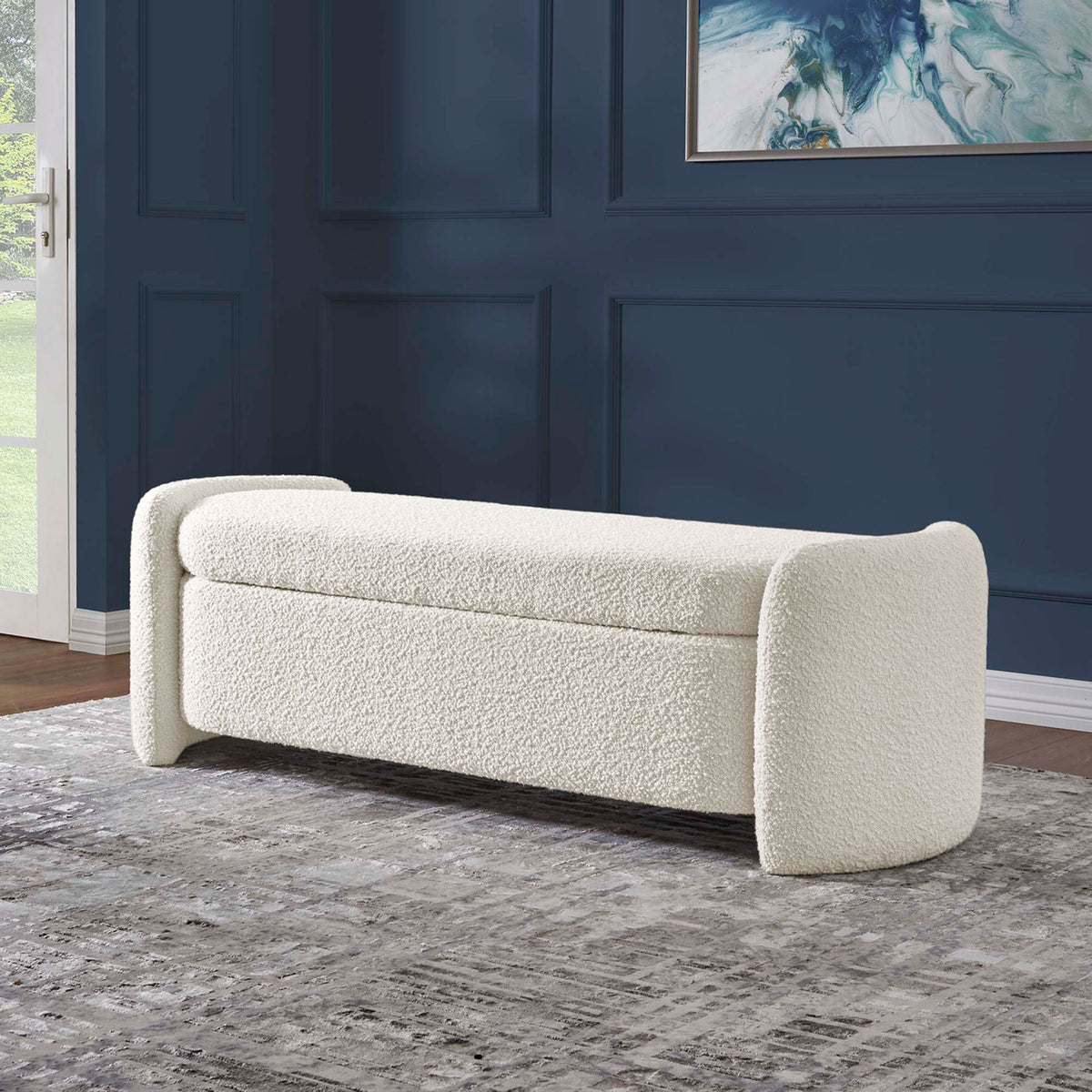 Ivory boucle bench adds cozy texture and soft curves to a modern living space || EEI-6056-IVO || front_angle_room