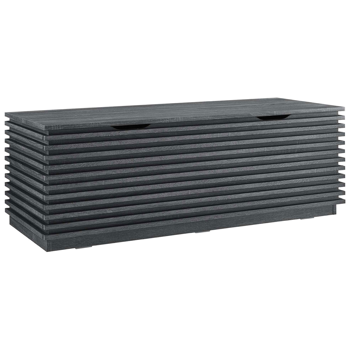 Textured charcoal wood grain and horizontal slats lend refined depth to this spacious storage bench. || EEI-6057-CHA || front_angle_studio