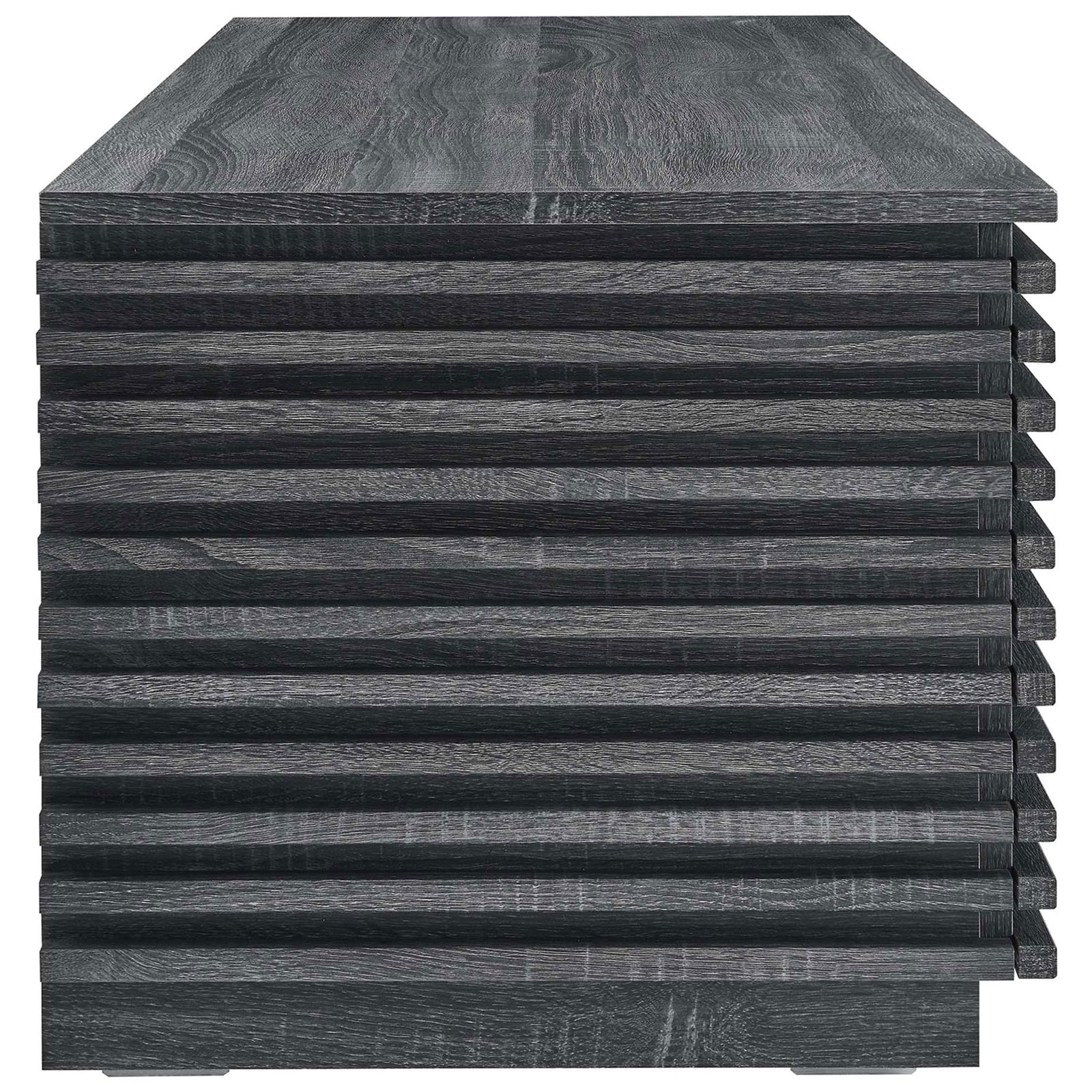 Sleek slatted profile showcases the bench's clean mid-century silhouette in rich charcoal. || EEI-6057-CHA || side_studio