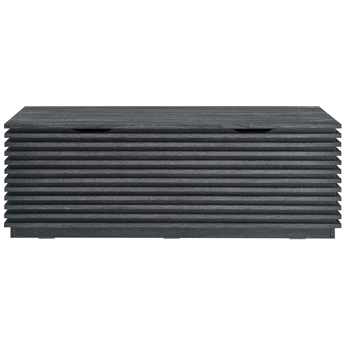 Charcoal slatted storage bench with mid-century lines and a smooth wood grain finish. || EEI-6057-CHA || front_studio