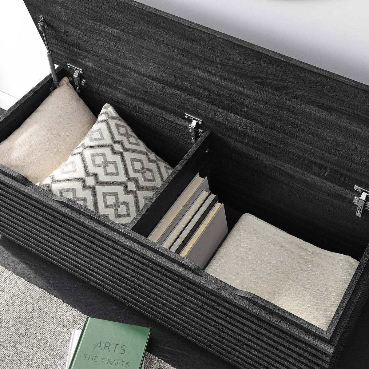 Top opens to reveal two roomy compartments for pillows, books, and entryway essentials. || EEI-6057-CHA || storage_open_room