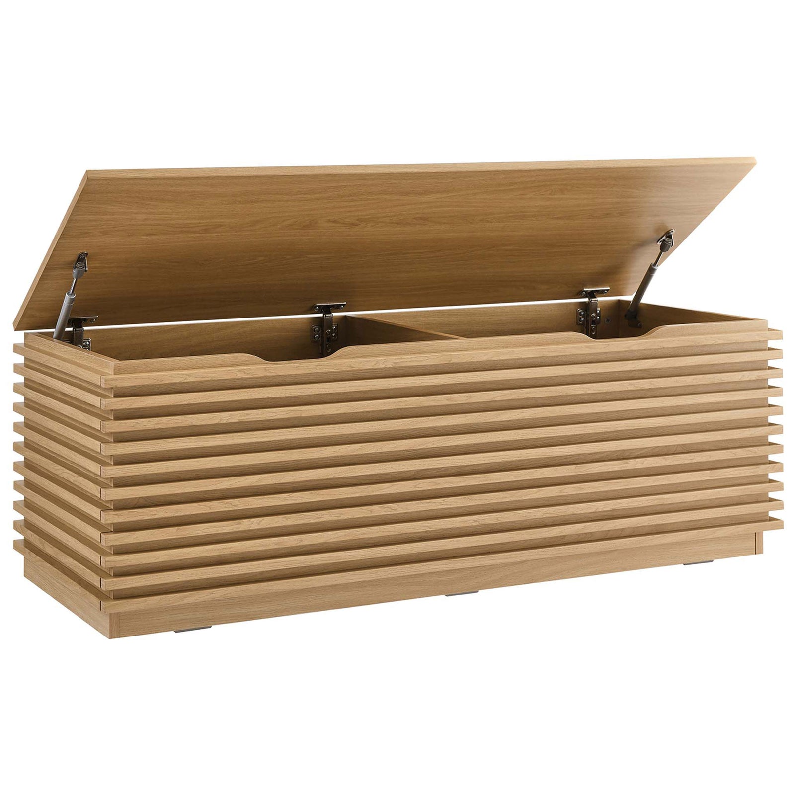 Hinged top opens to dual storage compartments with safety cutouts for easy, secure access. || EEI-6057-OAK || front_angle_open_studio