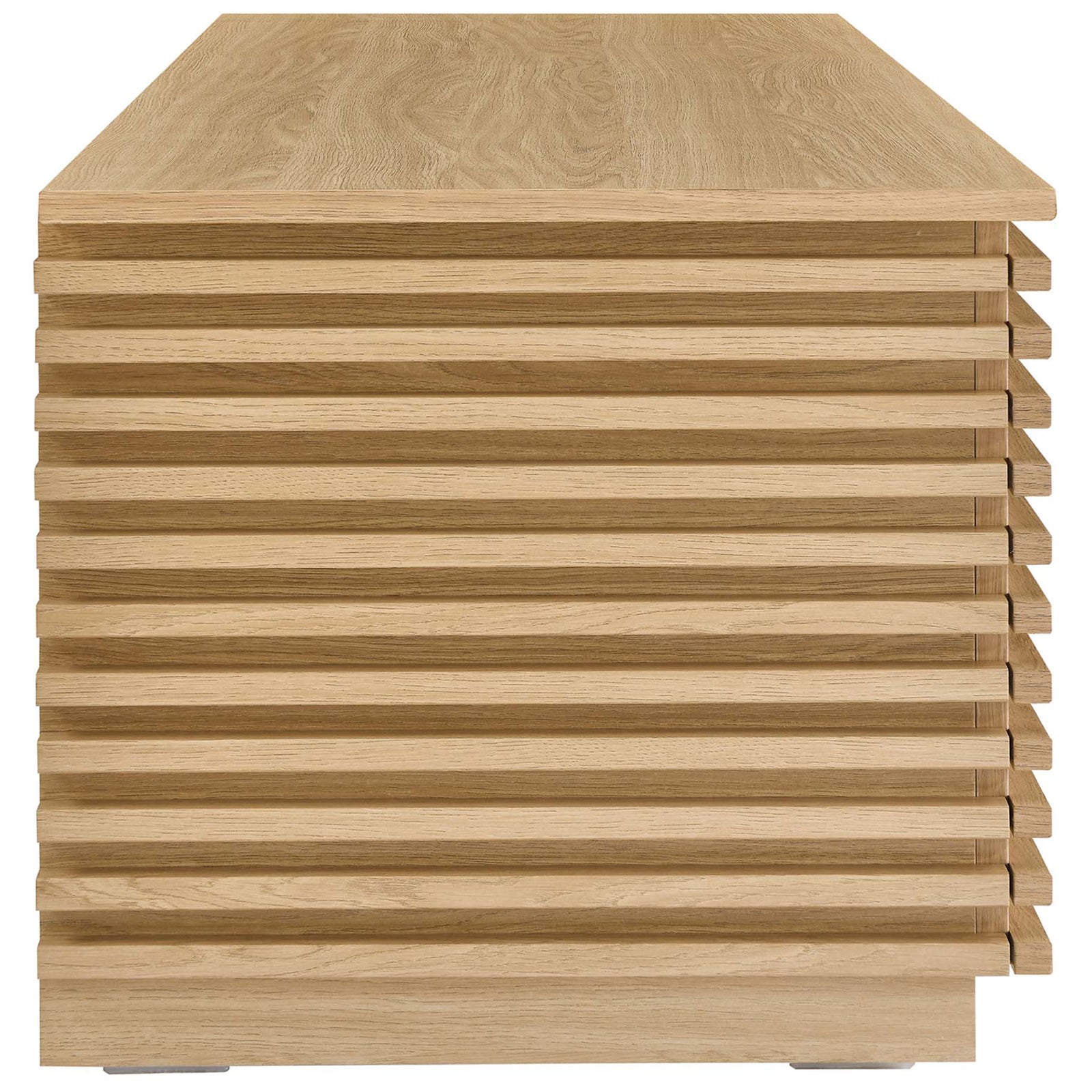 Crisp linear slats wrap the sides, showcasing refined craftsmanship and an airy mid-century profile. || EEI-6057-OAK || side_studio
