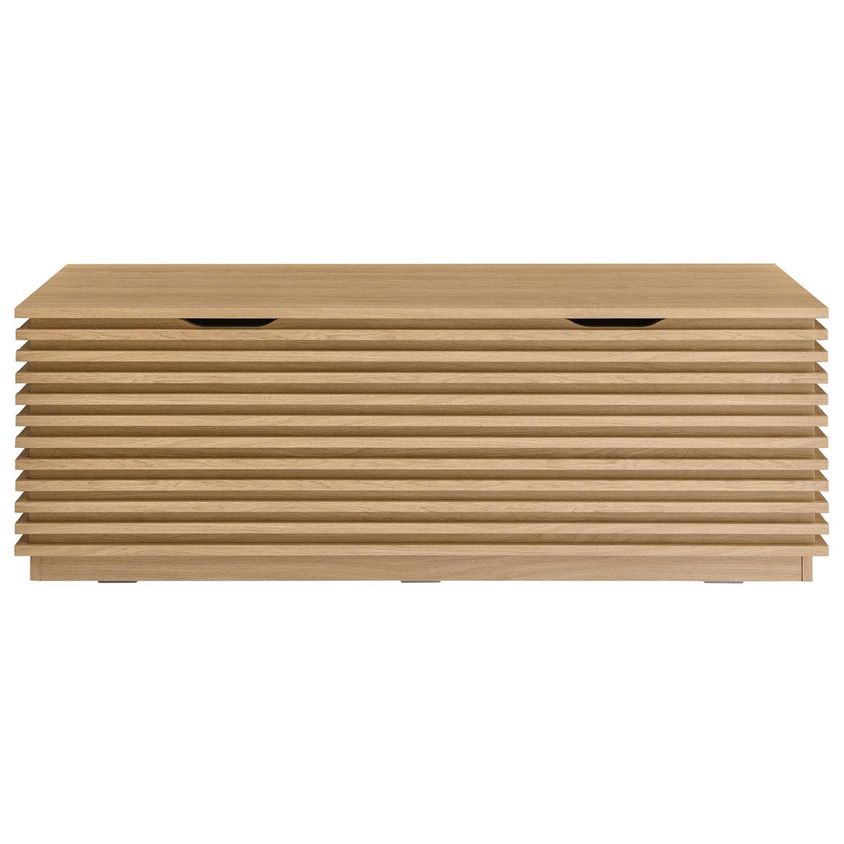 Mid-century storage bench with slatted facade and safety cutout handles in a warm oak finish. || EEI-6057-OAK || front_studio