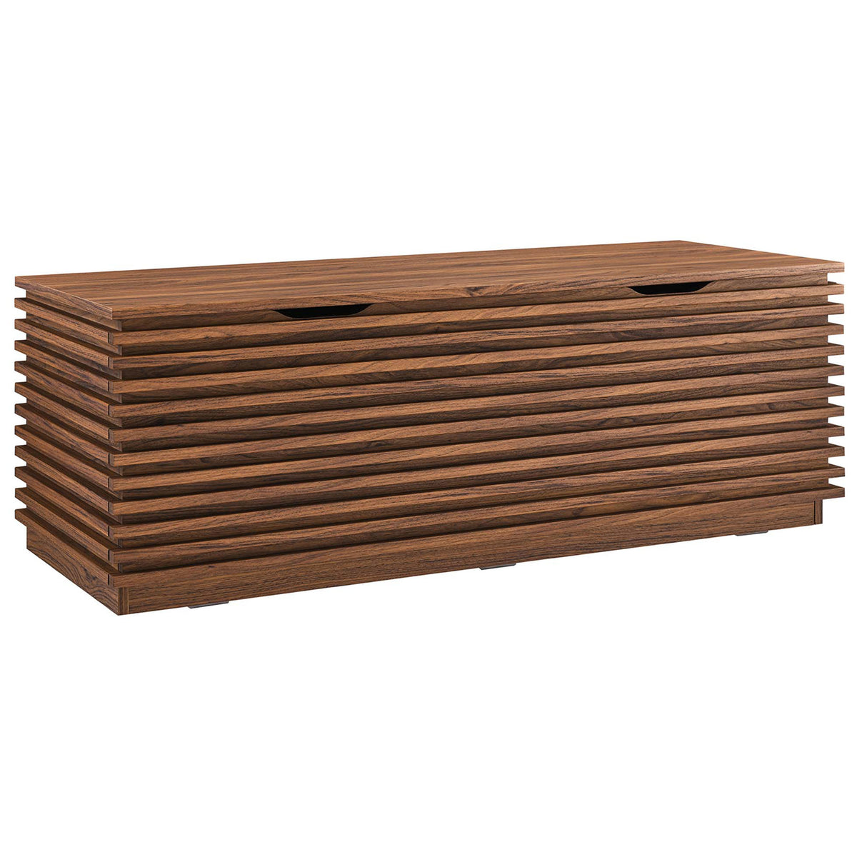 Walnut slatted storage bench with sleek mid-century lines and cutout handles || EEI-6057-WAL || front_angle_studio