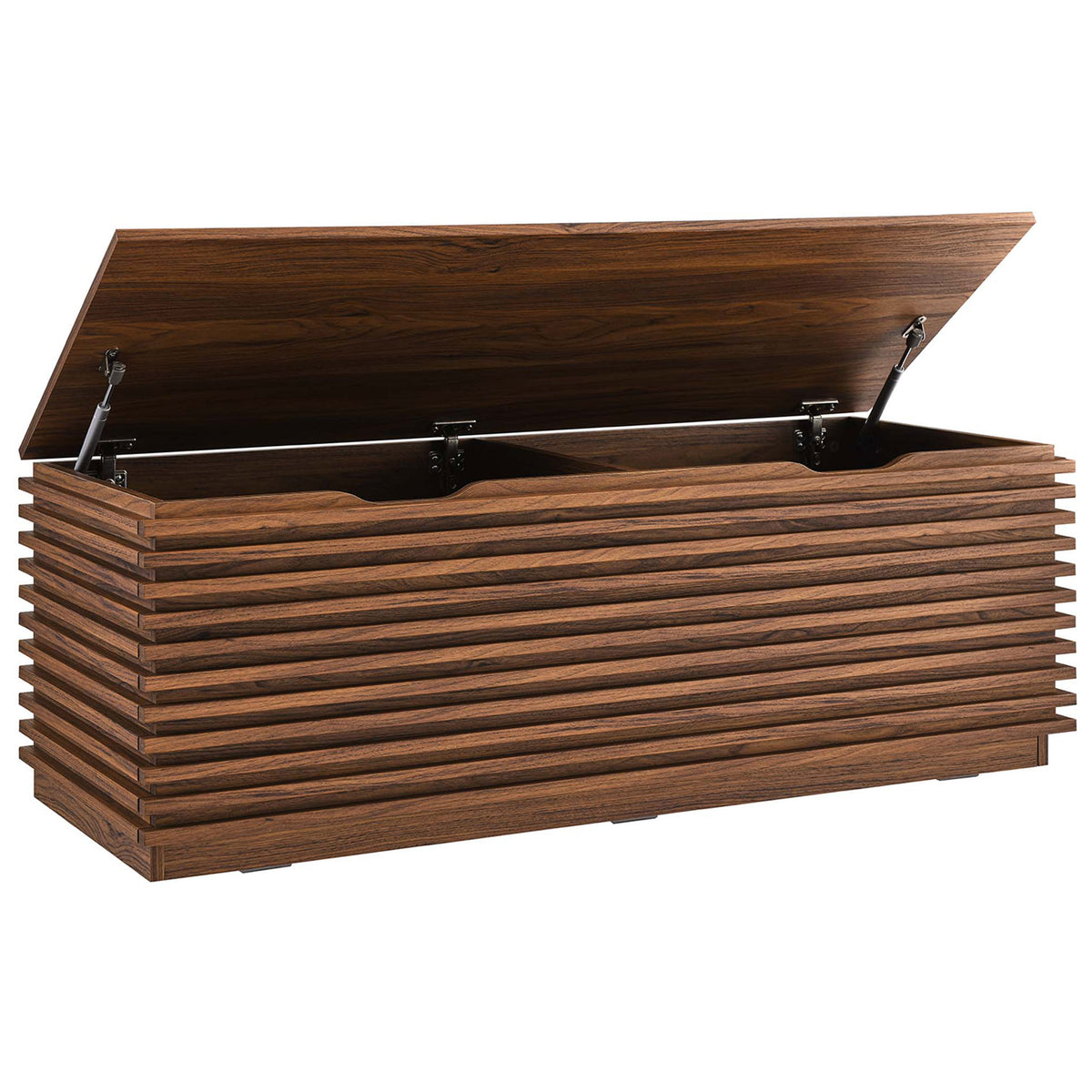 Hinged-top walnut bench reveals roomy dual compartments with safety cutouts || EEI-6057-WAL || front_angle_open_studio