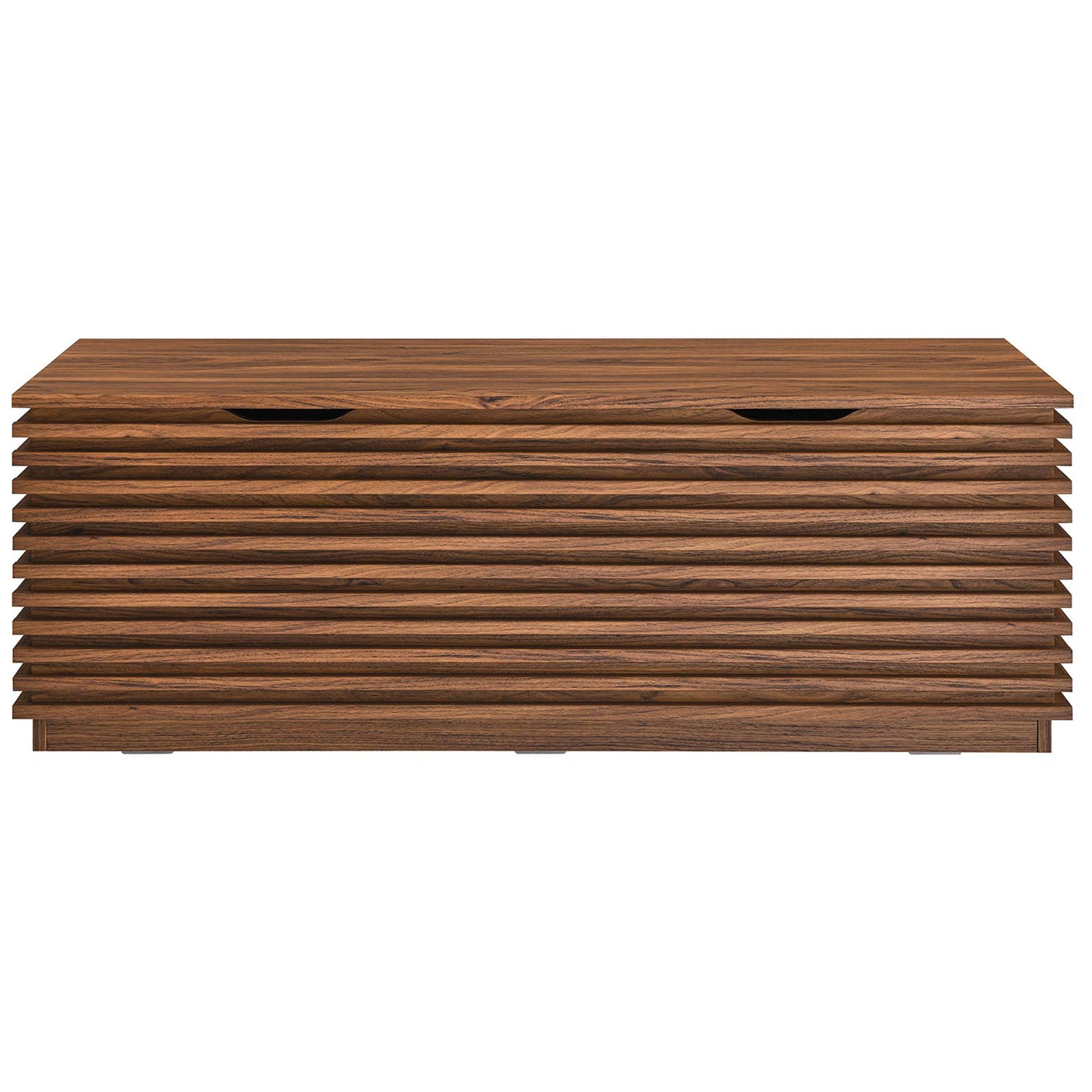 Clean-lined walnut storage bench with sculptural slatted facade || EEI-6057-WAL || front_studio