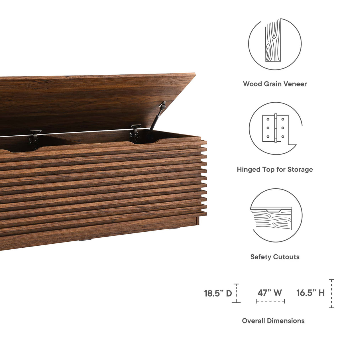 Key features and dimensions of the walnut storage bench || EEI-6057-WAL || dimension_studio