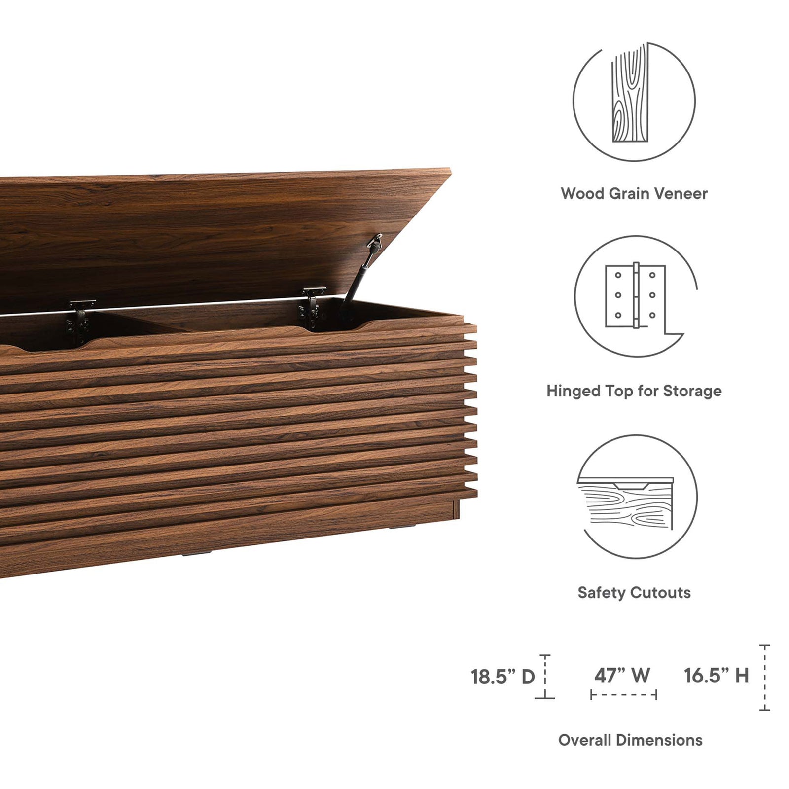 Key features and dimensions of the walnut storage bench || EEI-6057-WAL || dimension_studio