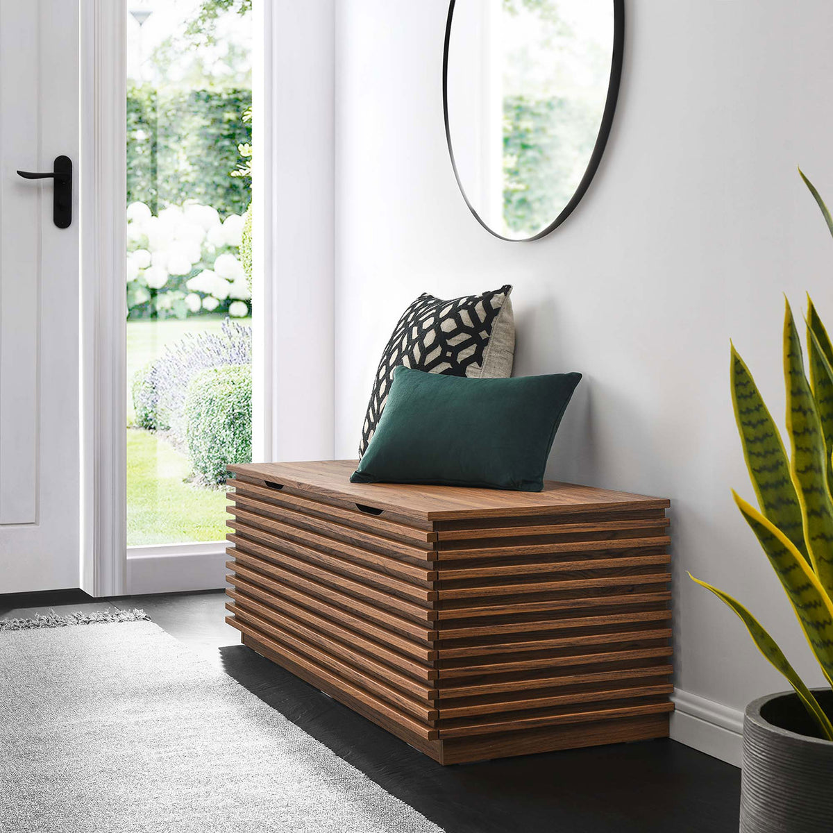 Entryway-ready bench offers mid-century charm and hidden storage || EEI-6057-WAL || front_angle_room