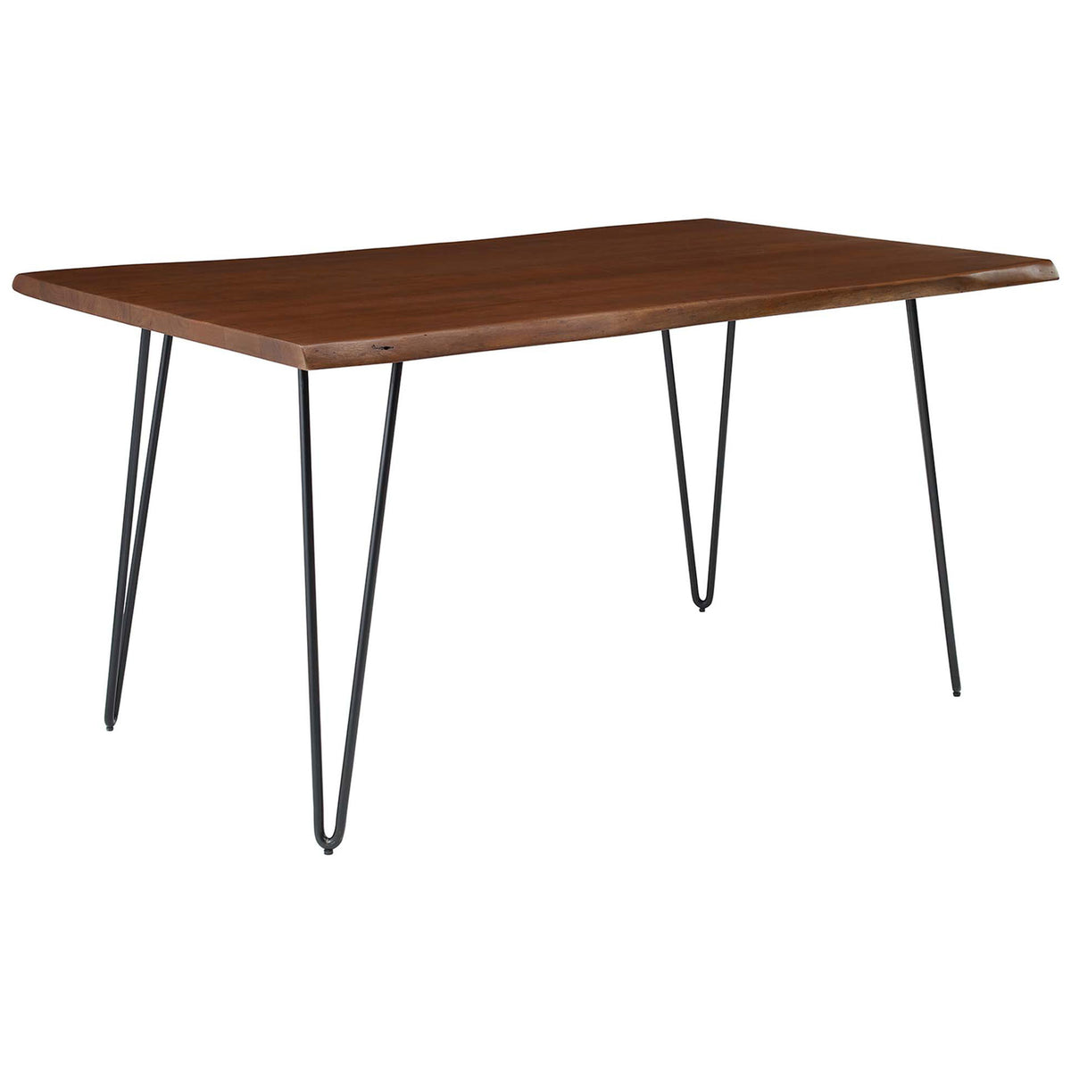 Rectangular live edge acacia dining table showcasing the rich walnut finish and airy metal hairpin base. || EEI-6059-BLK-WAL || front_angle_studio