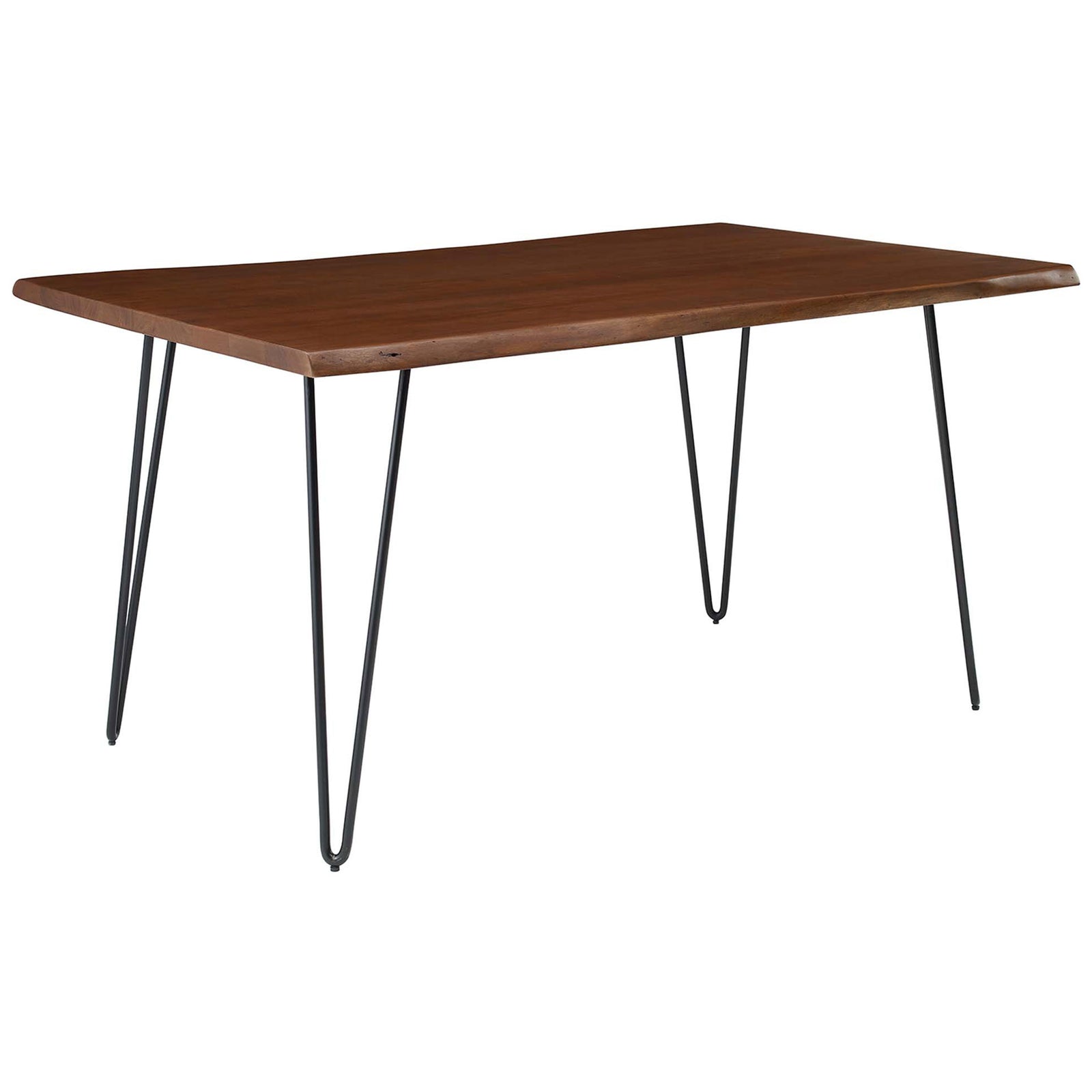Rectangular live edge acacia dining table showcasing the rich walnut finish and airy metal hairpin base. || EEI-6059-BLK-WAL || front_angle_studio