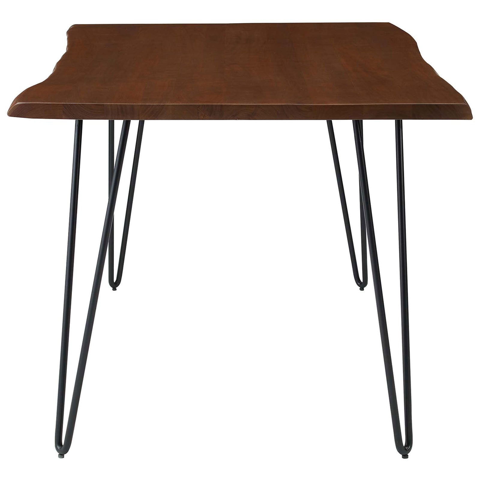 Compact live edge dining table highlighting the sculpted acacia tabletop and slender black legs. || EEI-6059-BLK-WAL || side_studio