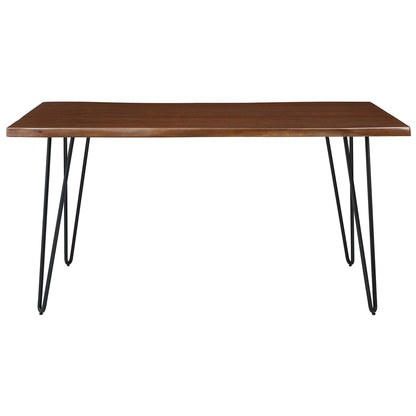Live edge acacia wood dining table with slim black hairpin legs for a warm, modern dining room. || EEI-6059-BLK-WAL || front_studio