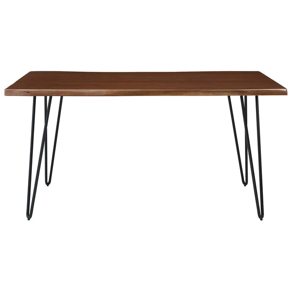 Live edge acacia wood dining table with slim black hairpin legs for a warm, modern dining room. || EEI-6059-BLK-WAL || front_studio
