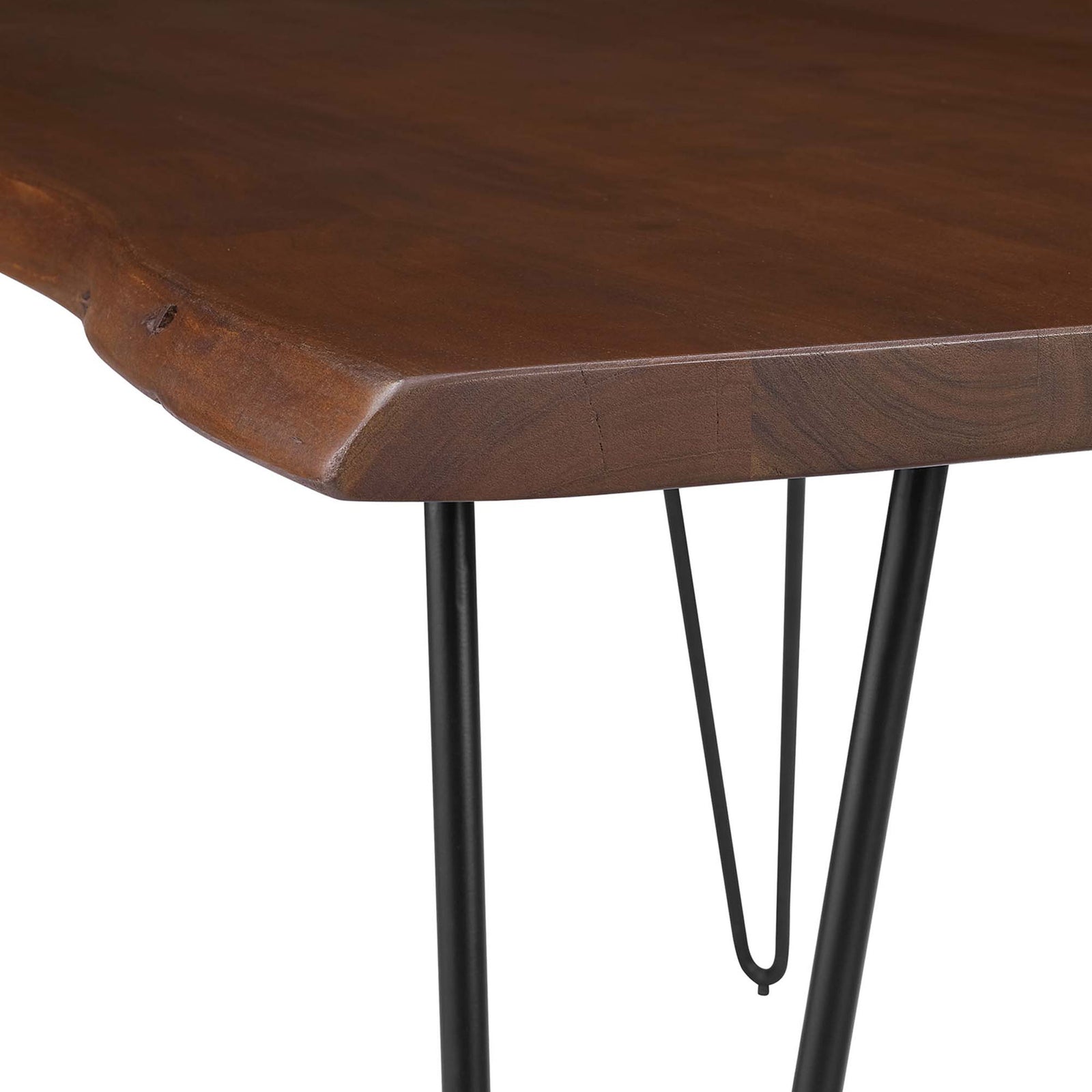 Organic live edge detail on the solid acacia tabletop showcases natural knots, curves, and rich wood tone. || EEI-6059-BLK-WAL || detail_studio