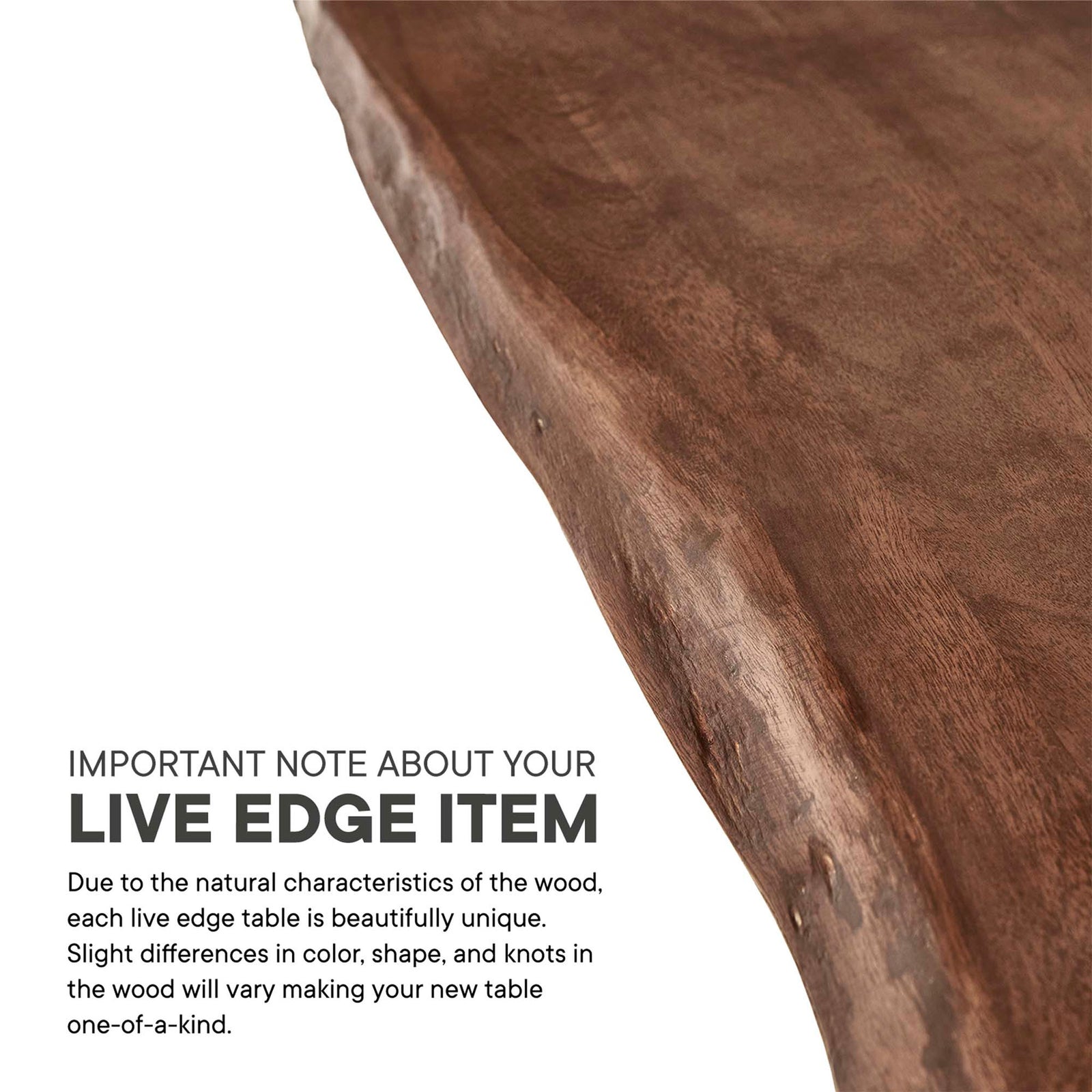 Live edge acacia tabletop emphasizes unique grain patterns and natural variations that make each table one of a kind. || EEI-6059-BLK-WAL || callout_studio