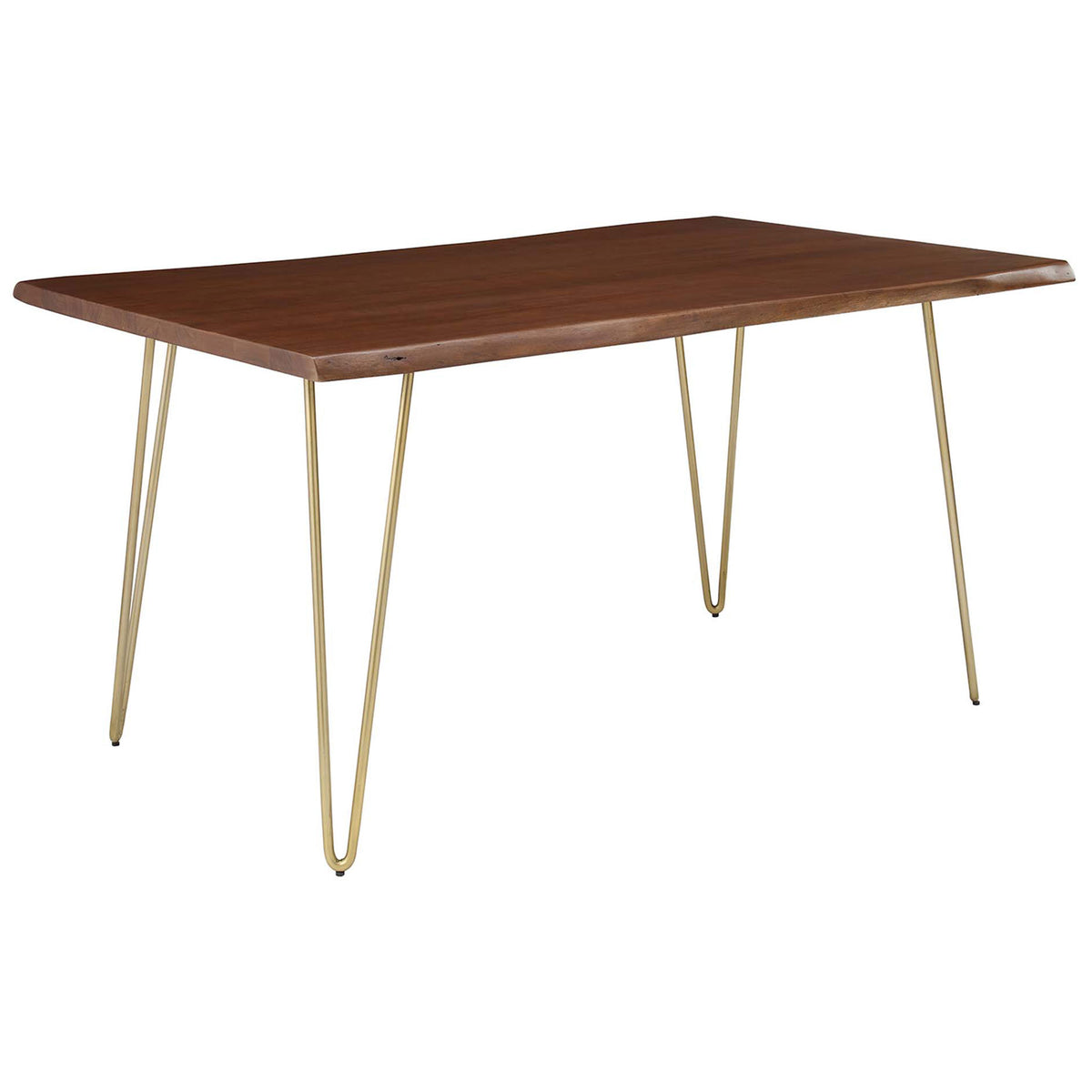 Live edge walnut dining table bringing mid-century flair with slim gold hairpin leg design || EEI-6059-GLD-WAL || front_angle_studio