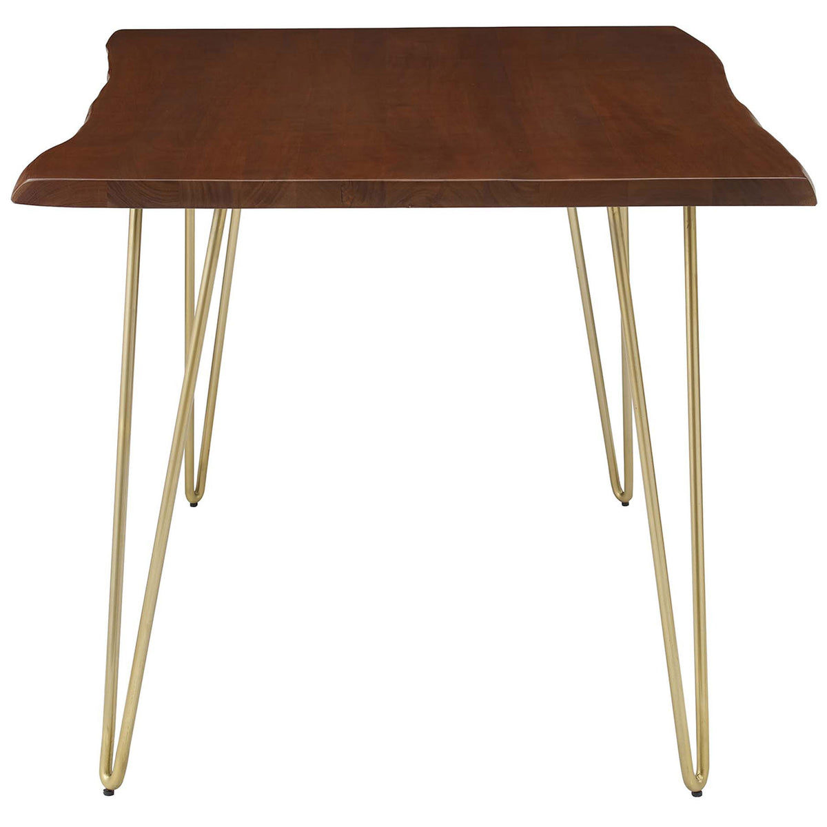 Rectangular acacia wood dining table with slender profile and gracefully curved live edges || EEI-6059-GLD-WAL || side_studio