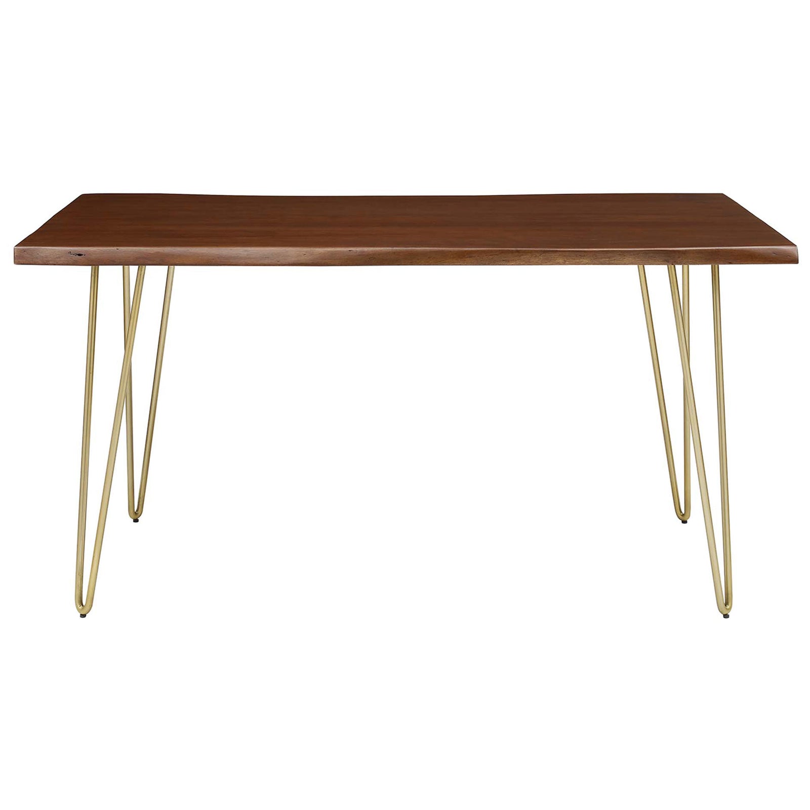 Ardor 60 inch live edge acacia dining table with warm walnut finish and gold hairpin legs || EEI-6059-GLD-WAL || front_studio