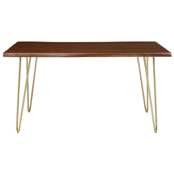Ardor 60 inch live edge acacia dining table with warm walnut finish and gold hairpin legs || EEI-6059-GLD-WAL || front_studio