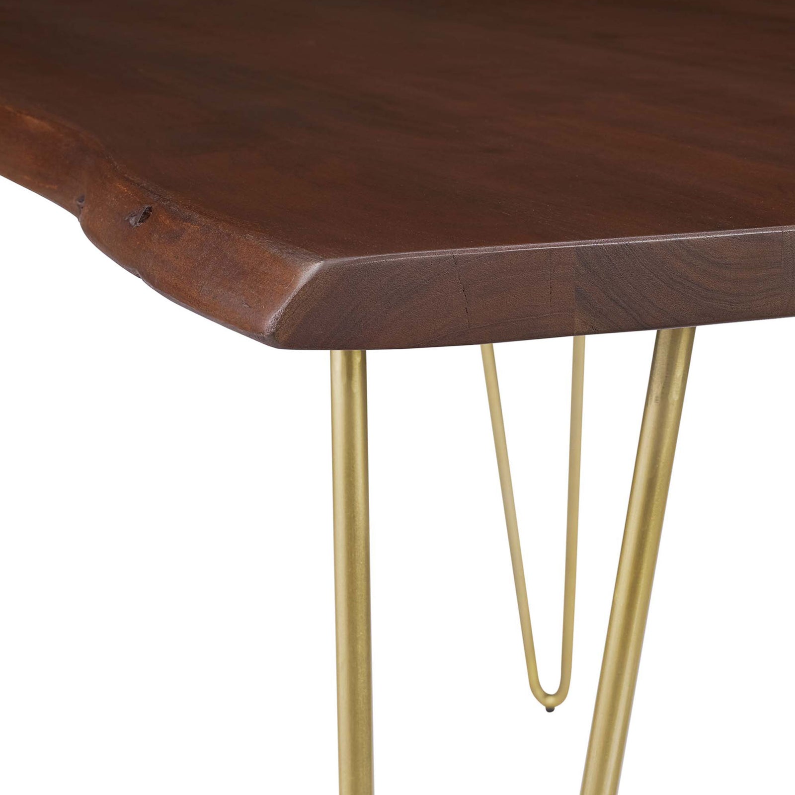 Live edge acacia wood surface with visible knots and character marks for a one-of-a-kind tabletop || EEI-6059-GLD-WAL || detail_studio