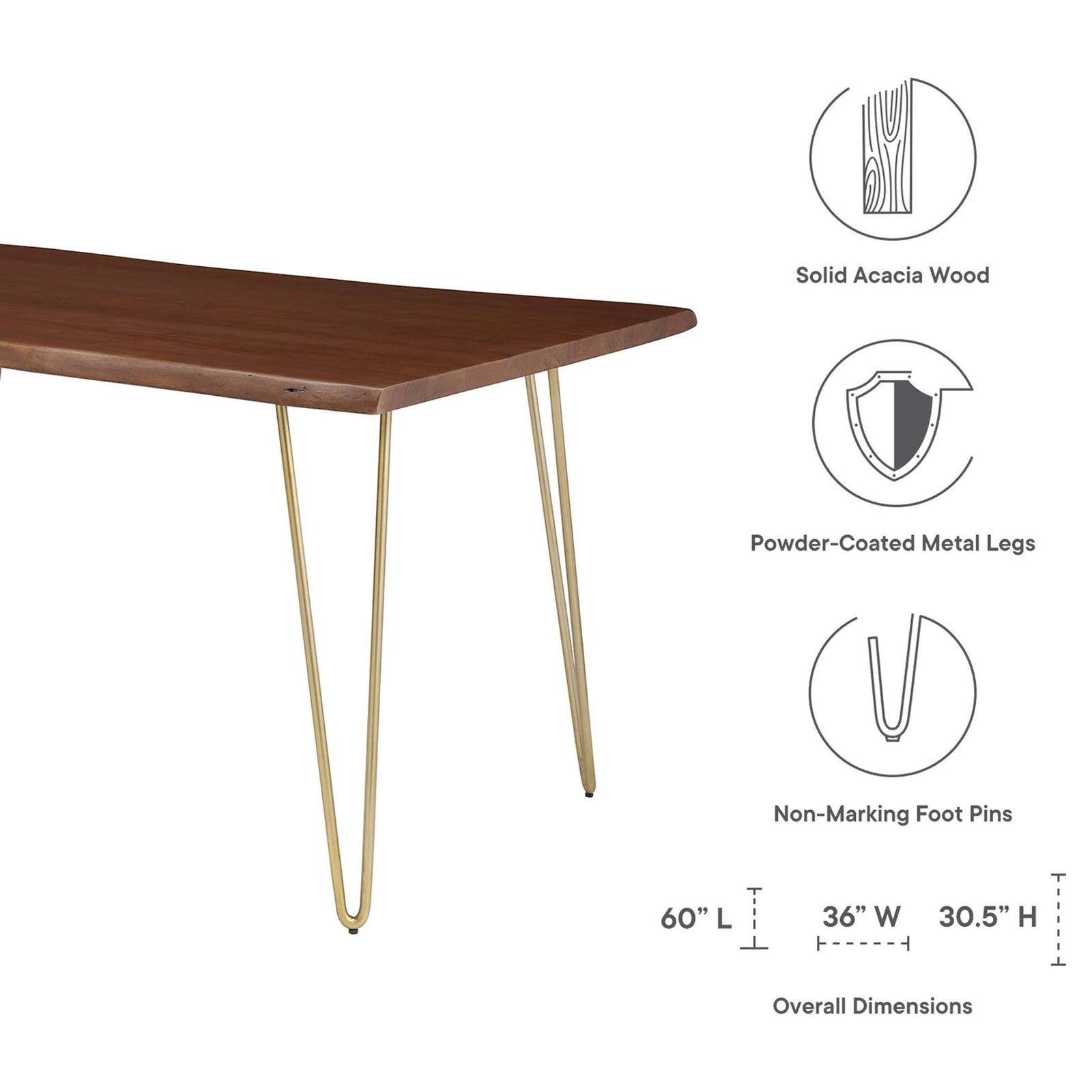 Informational graphic highlighting solid acacia wood, metal hairpin legs, and 60 x 36 x 30.5 inch table dimensions || EEI-6059-GLD-WAL || dimension_studio