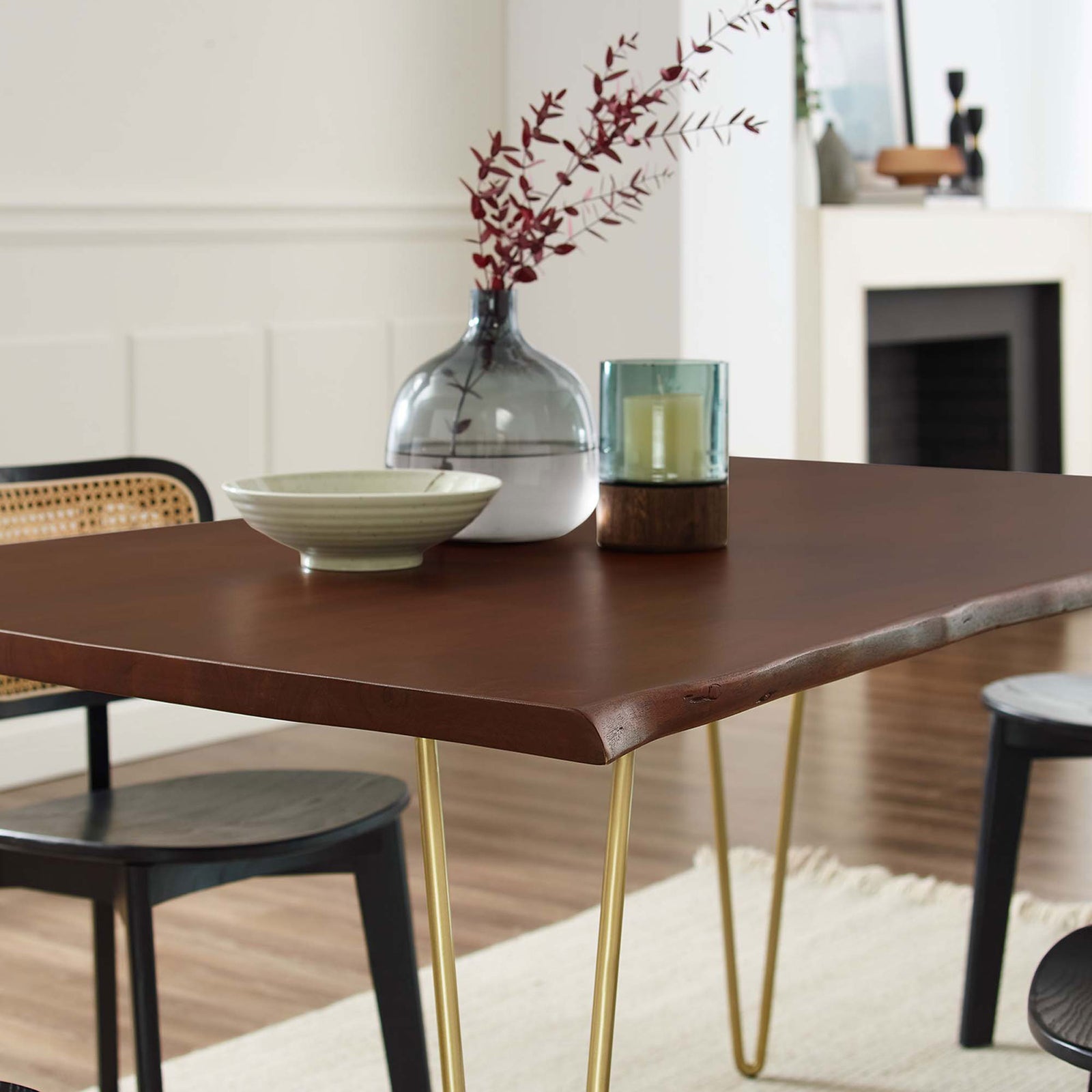 Walnut acacia tabletop styled with dishes and vase, showcasing warm tone and organic live edge in the dining space || EEI-6059-GLD-WAL || detail_room