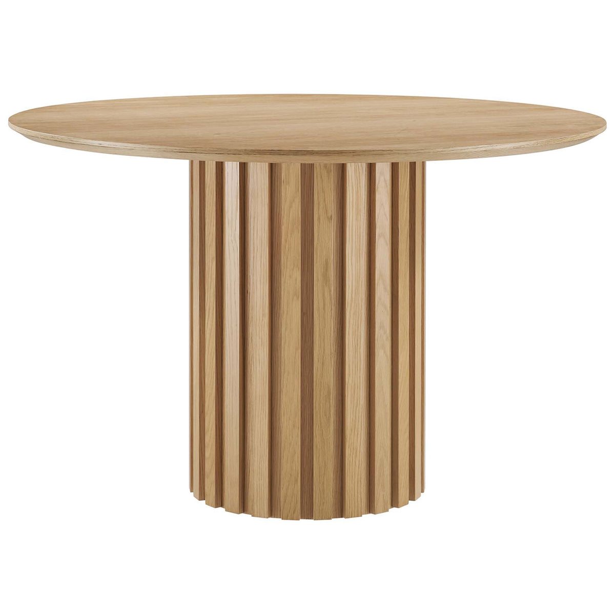 47 inch round oak dining table with smooth wood veneer top and fluted pedestal base || EEI-6064-OAK-SET || front_studio