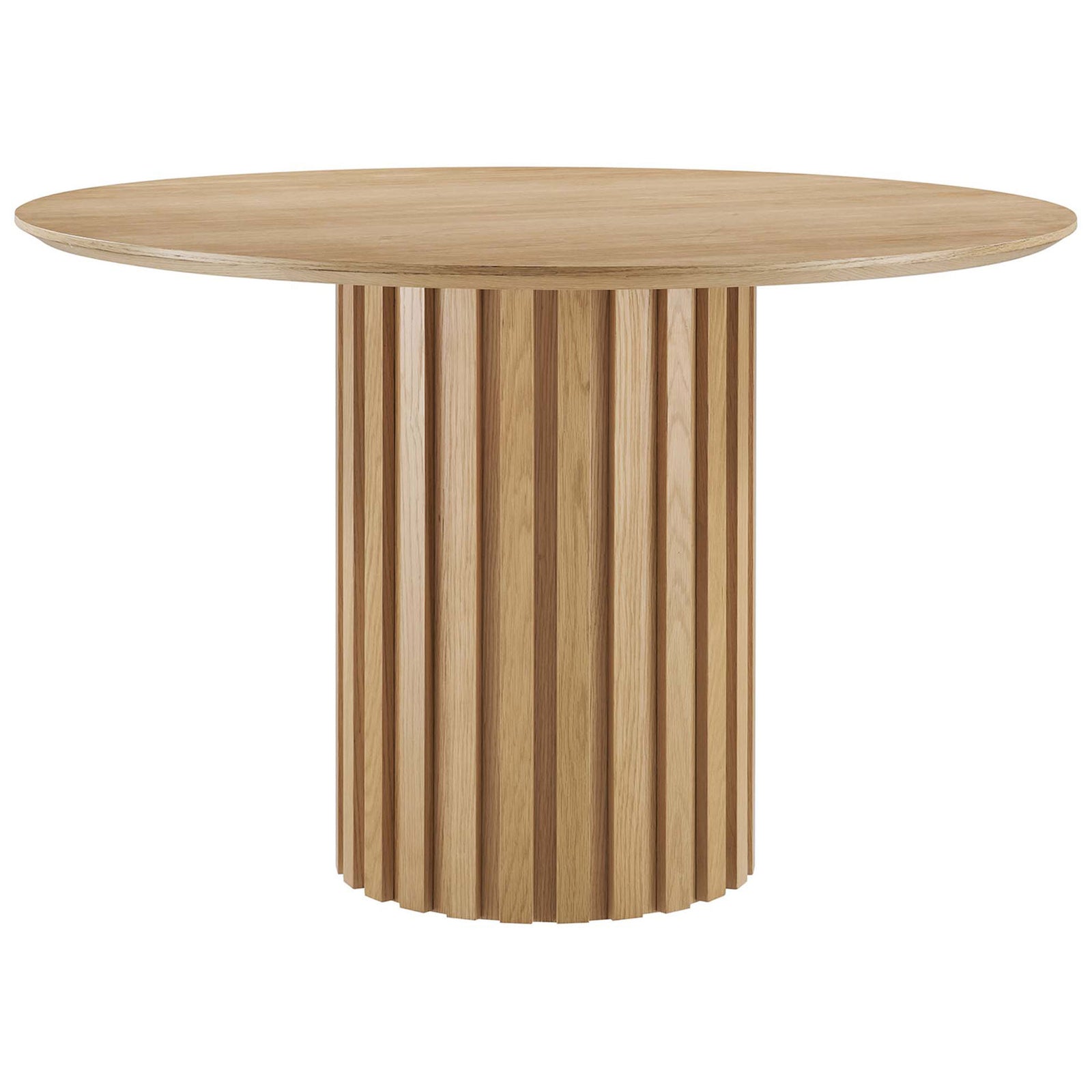 47 inch round oak dining table with smooth wood veneer top and fluted pedestal base || EEI-6064-OAK-SET || front_studio