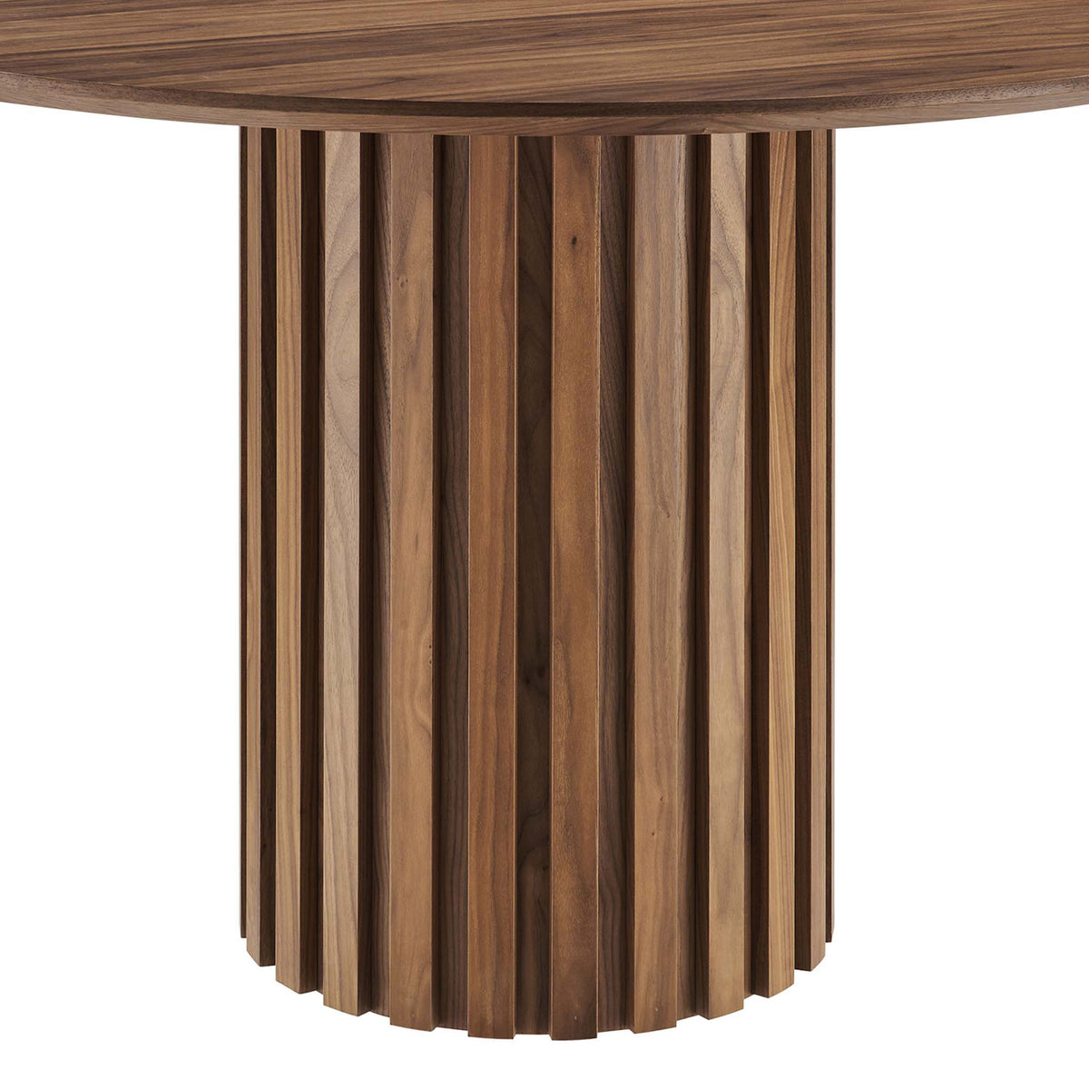Fluted walnut pedestal base lends sculptural texture and sturdy support to this modern dining table || EEI-6064-WAL-SET || leg_studio