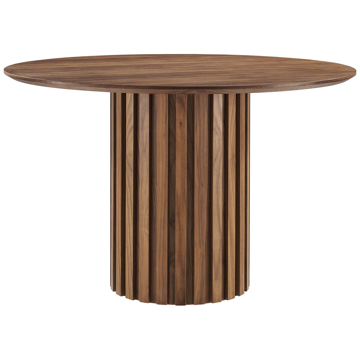 Senja 47 inch round walnut dining table features a fluted pedestal base for bold mid century style || EEI-6064-WAL-SET || front_studio