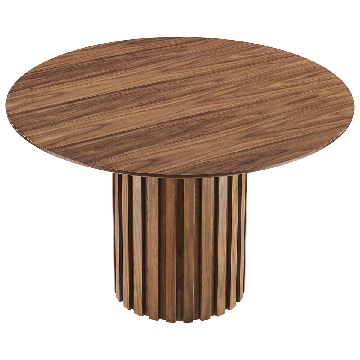 Generous round walnut tabletop and column base create an inviting spot for everyday meals and gatherings || EEI-6064-WAL-SET || front_angle_studio