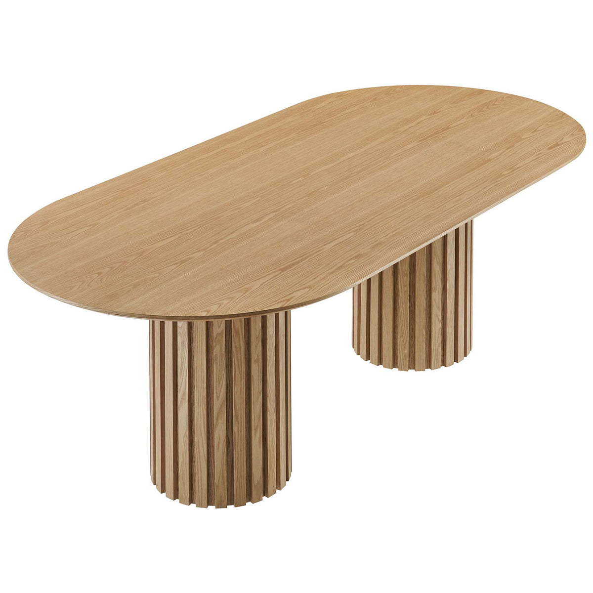 Oak oval dining table with dual fluted column bases and spacious wood veneer top for six diners || EEI-6065-OAK-SET || front_angle_studio