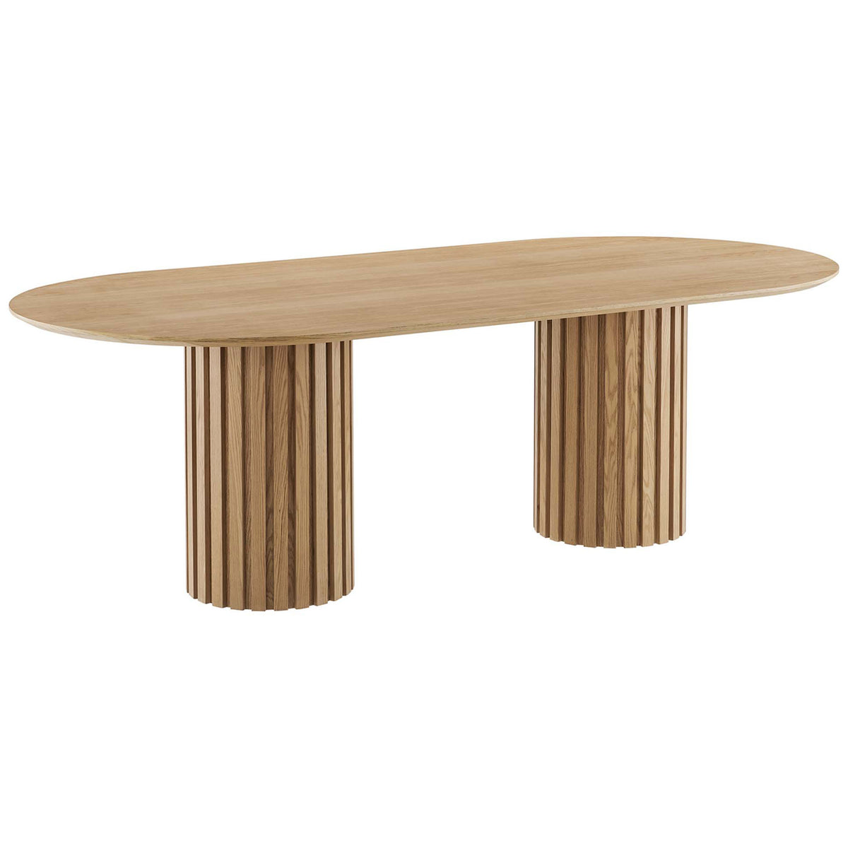 Streamlined oval oak dining table with warm wood grain and sculptural twin pedestal bases || EEI-6065-OAK-SET || front_angle_studio